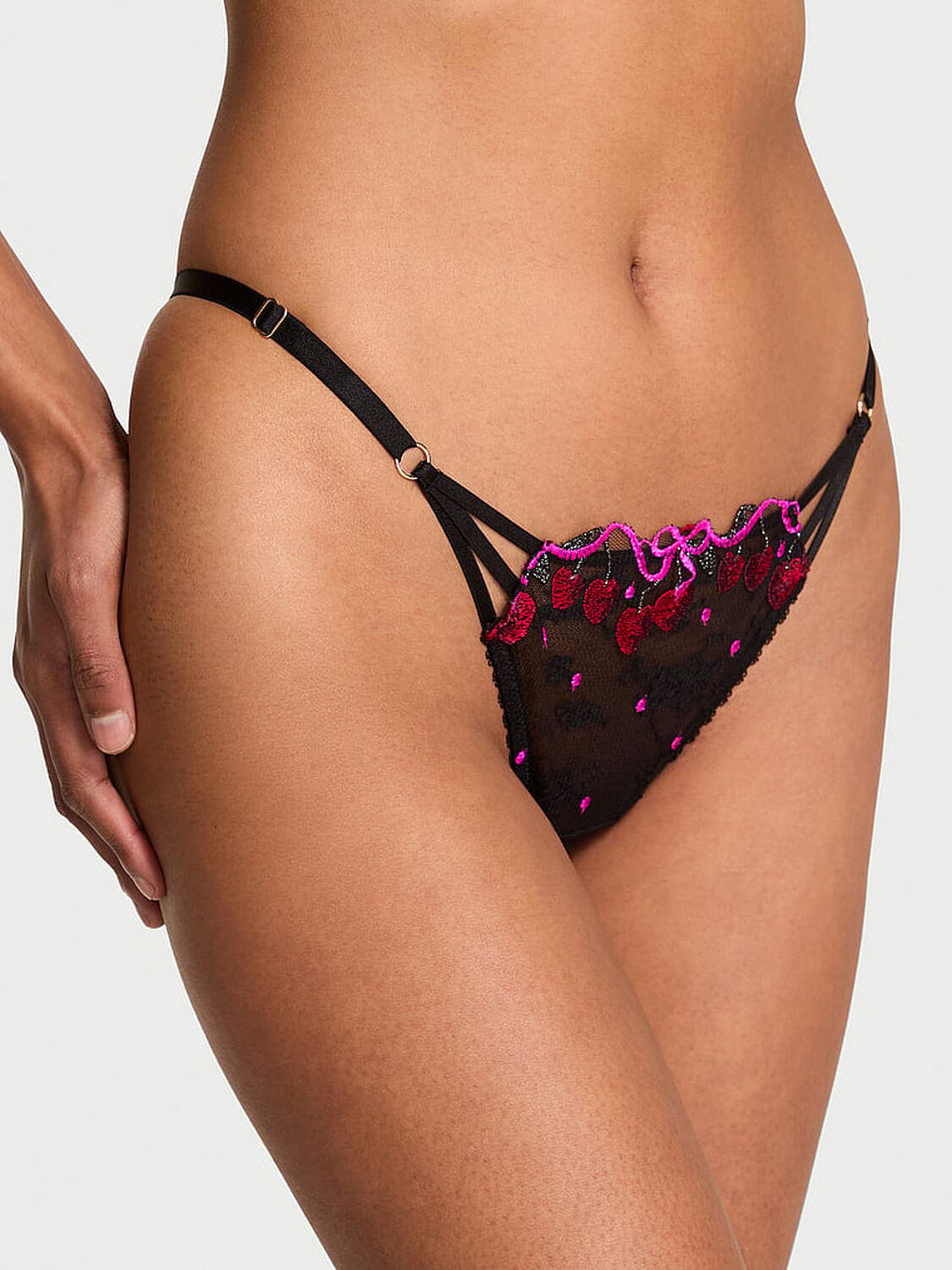 vs Very Sexy Cherry Pop Embroidery Strappy Brazilian Panty Black Cherry Pop 1 of 3 