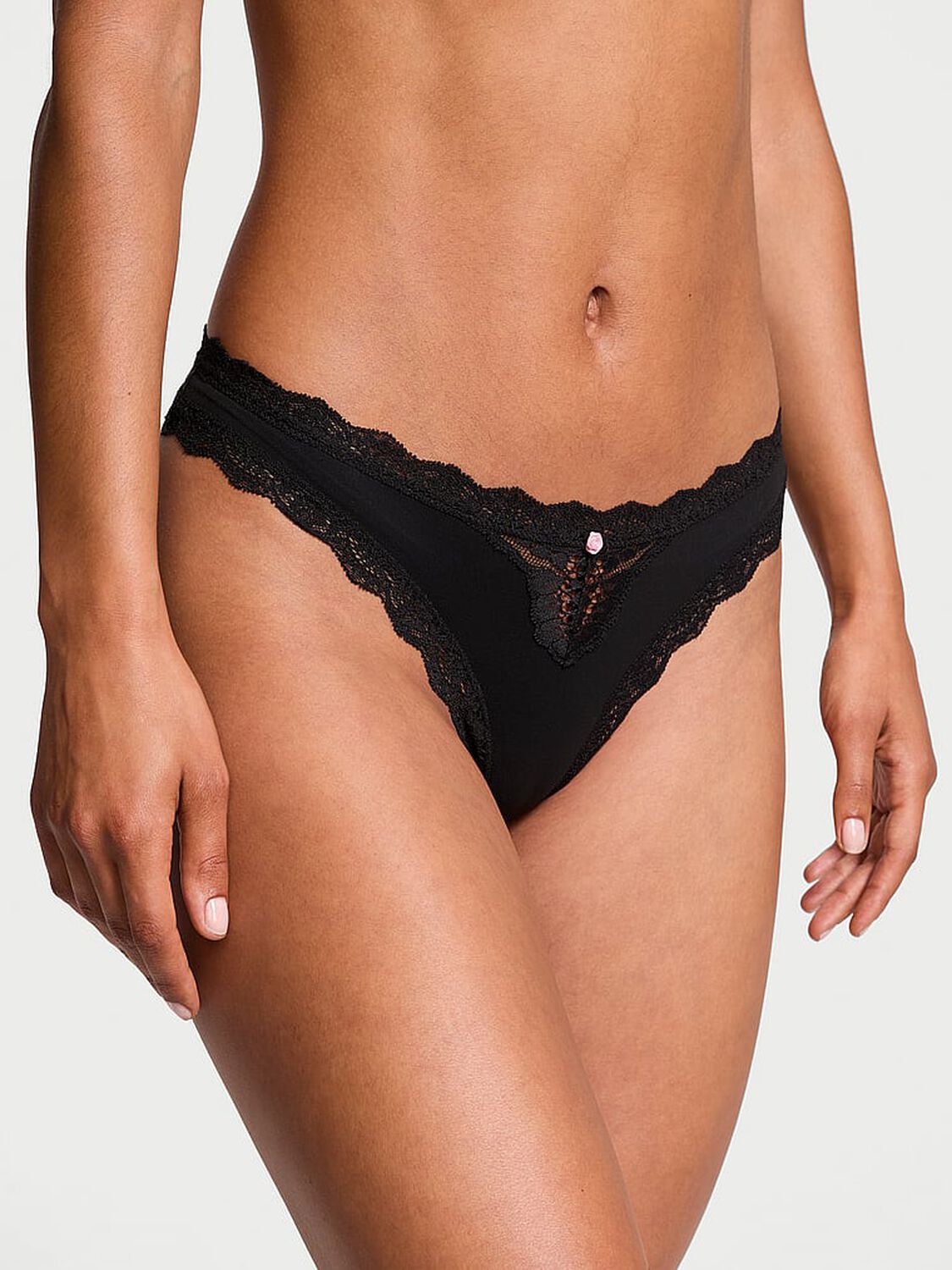 vs Dream Angels Lace-Trim Thong Panty Black 1 of 4 