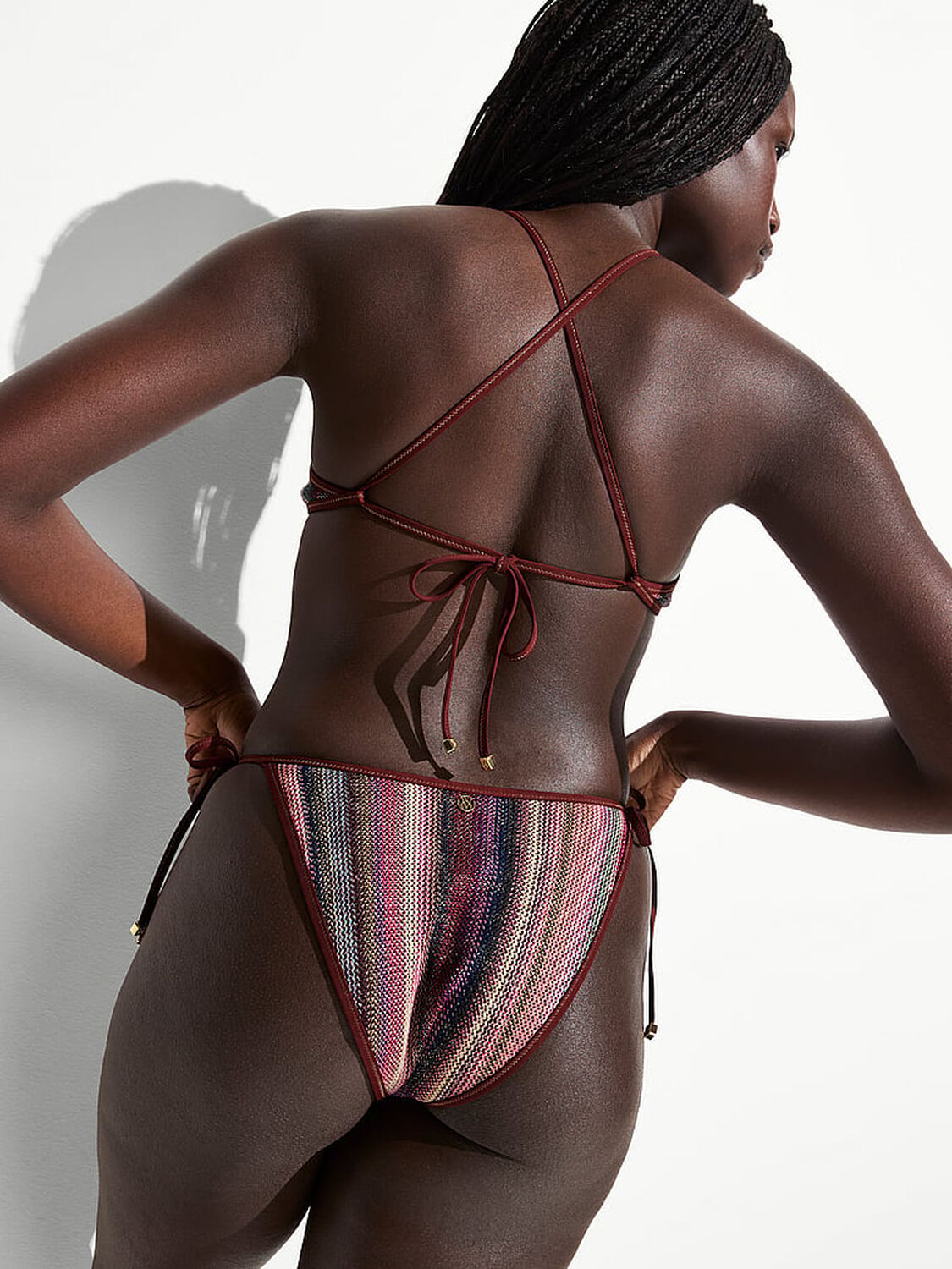 vs Victoria's Secret Swim Shimmer Stripe Knit Side-Tie Cheeky Bikini Bottom Dark Chili Shimmer Stripes 1 of 2 