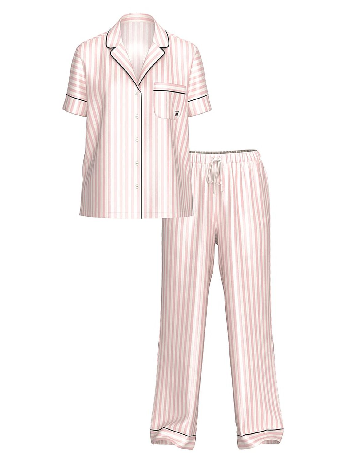 vs Victoria's Secret Glazed Satin Short-Sleeve Long Pajama Set New Pink Iconic Stripe 2 of 3 