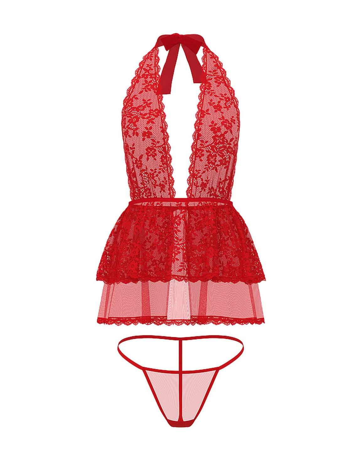 vs Dream Angels Lace Tulle Plunge Babydoll Set Bright Vermillion 3 of 3 