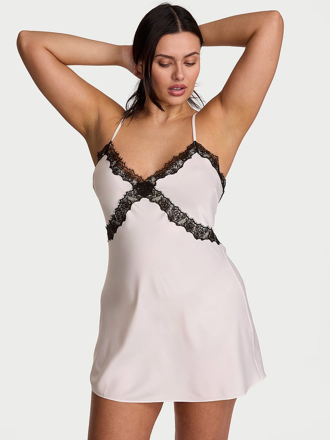 vs Very Sexy Satin Rose Lace-Trim Mini Slip Dress Coconut White 1 of 3 