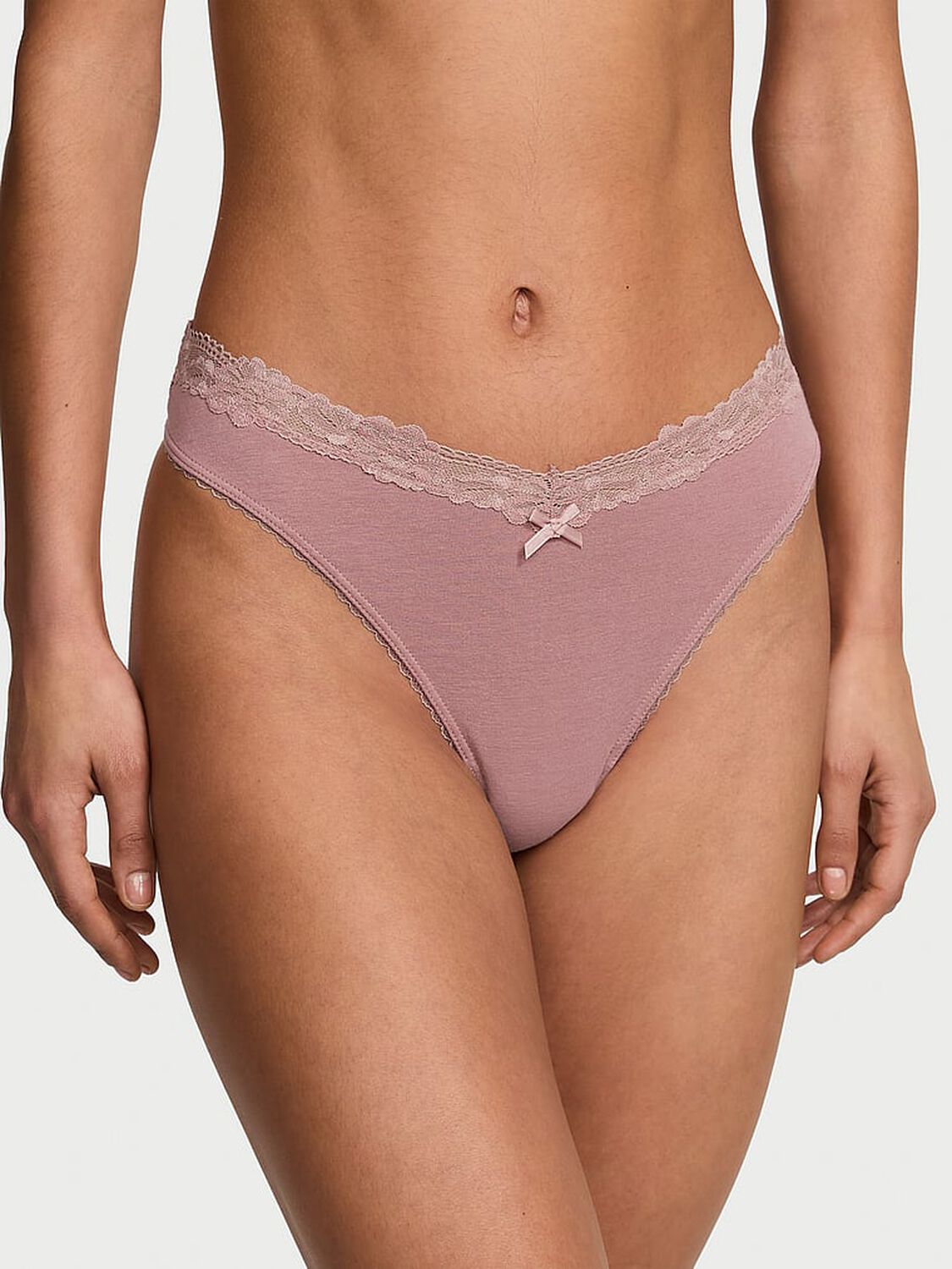 vs Victoria's Secret Stretch Cotton Lace-Waist Scoop High-Leg Thong Panty Nostalgia Rose 1 of 3 