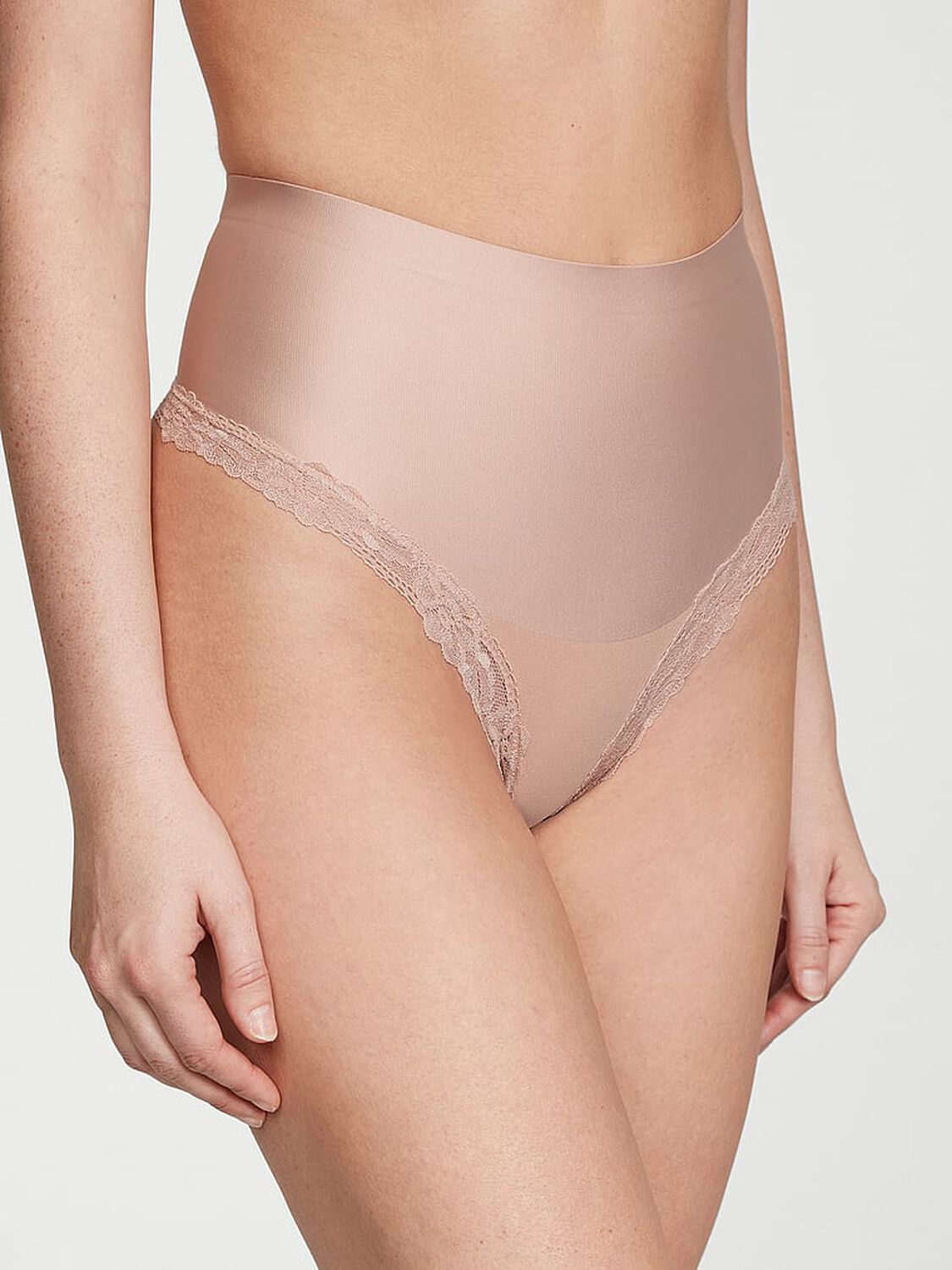 vs Body By Victoria Smoothing Shimmer Lace-Trim Thong Panty Macaron 1 of 3 
