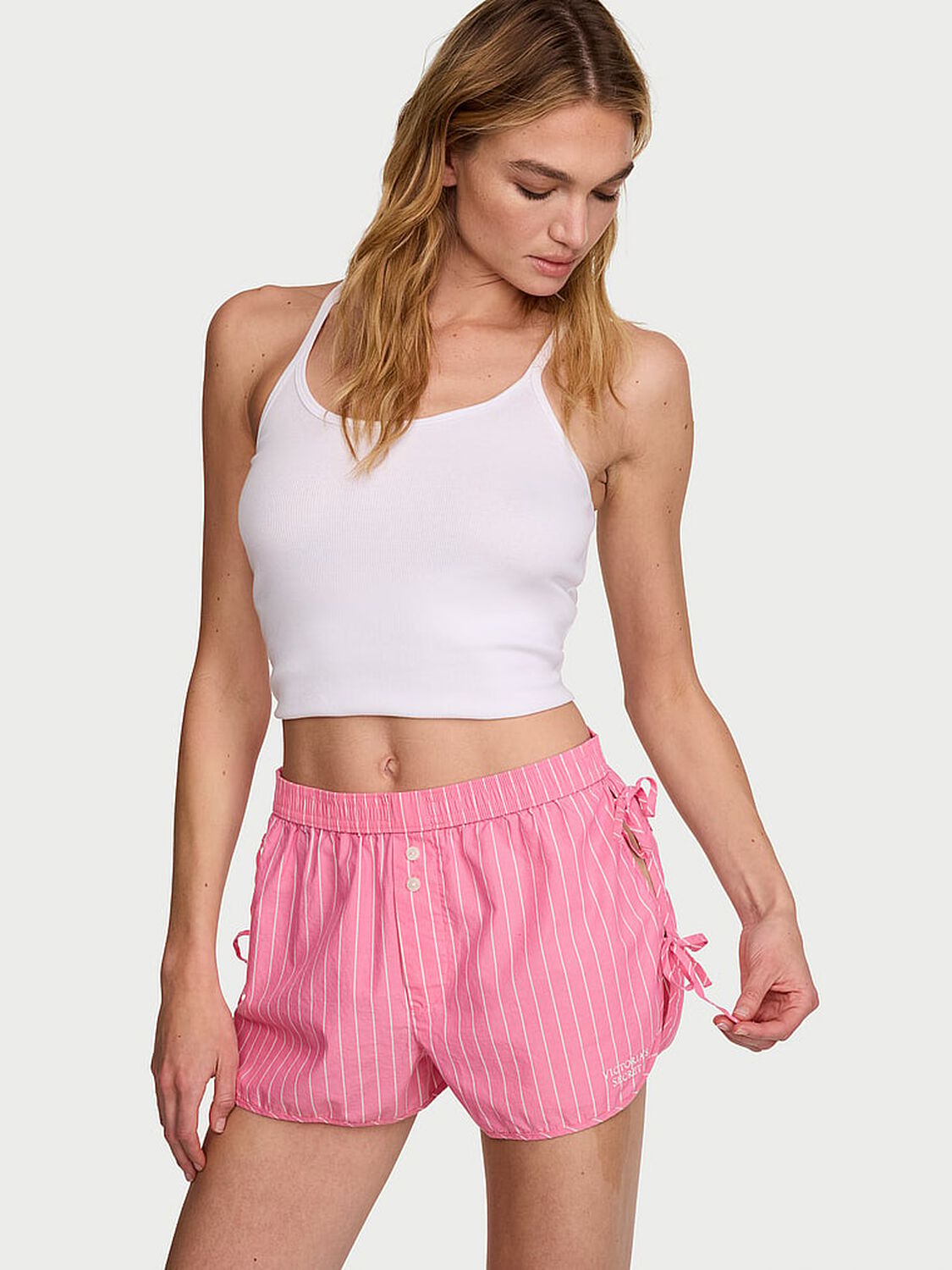 vs Victoria's Secret Mix & Match Sleep Heritage Cotton Pajama Shorts Bombshell Pink Stripes 1 of 4 