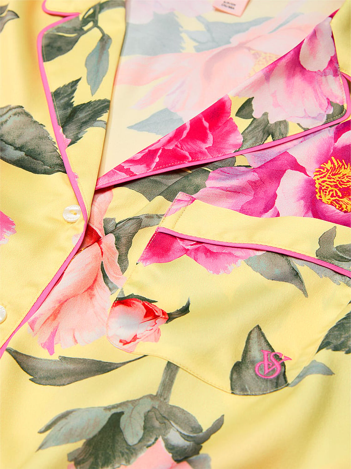 vs Victoria's Secret Glazed Satin Short Pajama Set Yellow Tulip W Floral Bouquet 4 of 4 