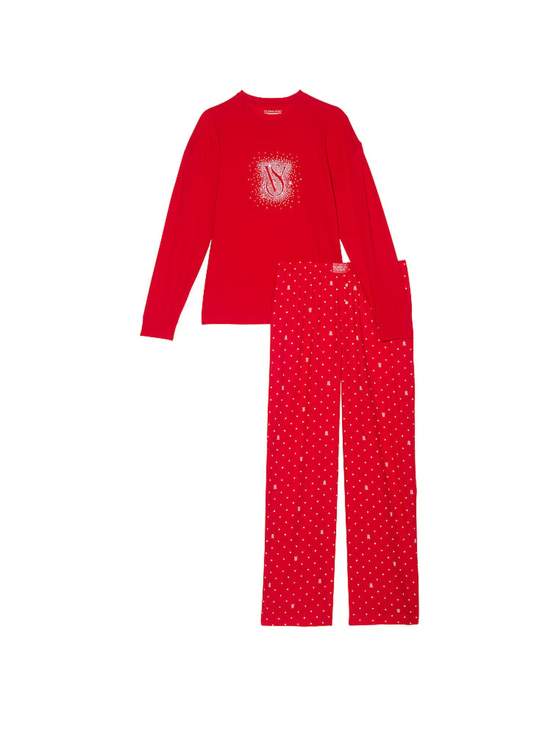 vs Victoria's Secret Flannel Long-Sleeve Tee-Jama Set Lipstick Logo Dots 3 of 4 