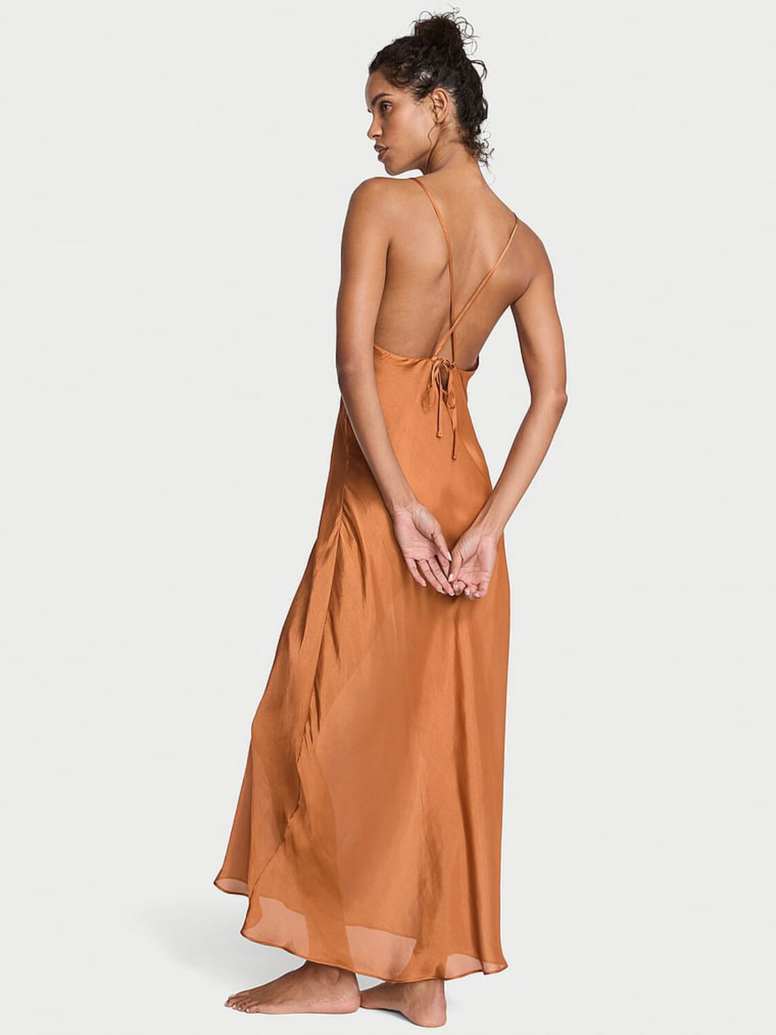 vs Victoria's Secret Luxe Sheer Satin Long Slip Dress Sandalwood 1 of 4 