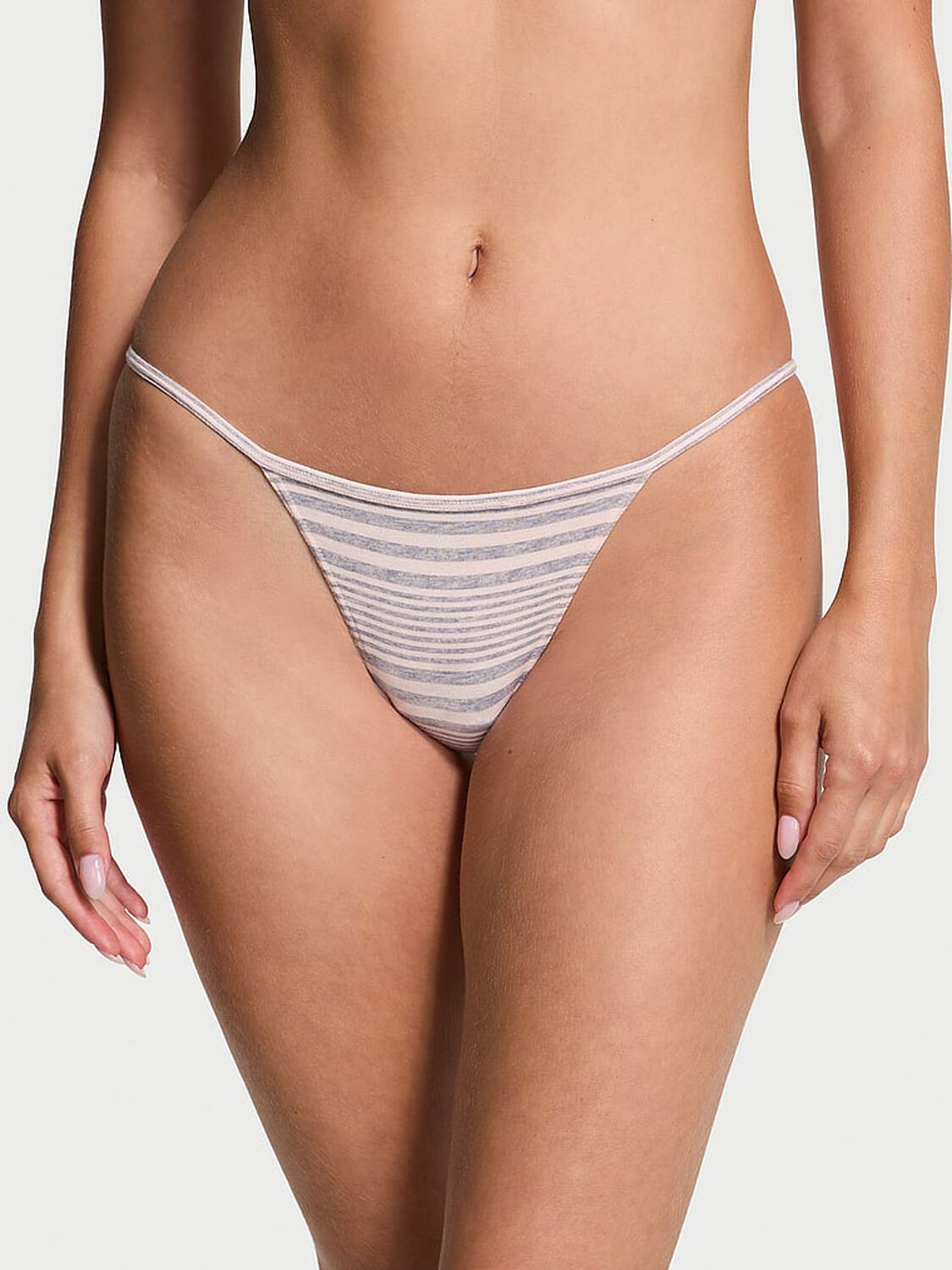 vs Victoria's Secret Stretch Cotton V-String Panty Pink & Grey Stripes 1 of 3 