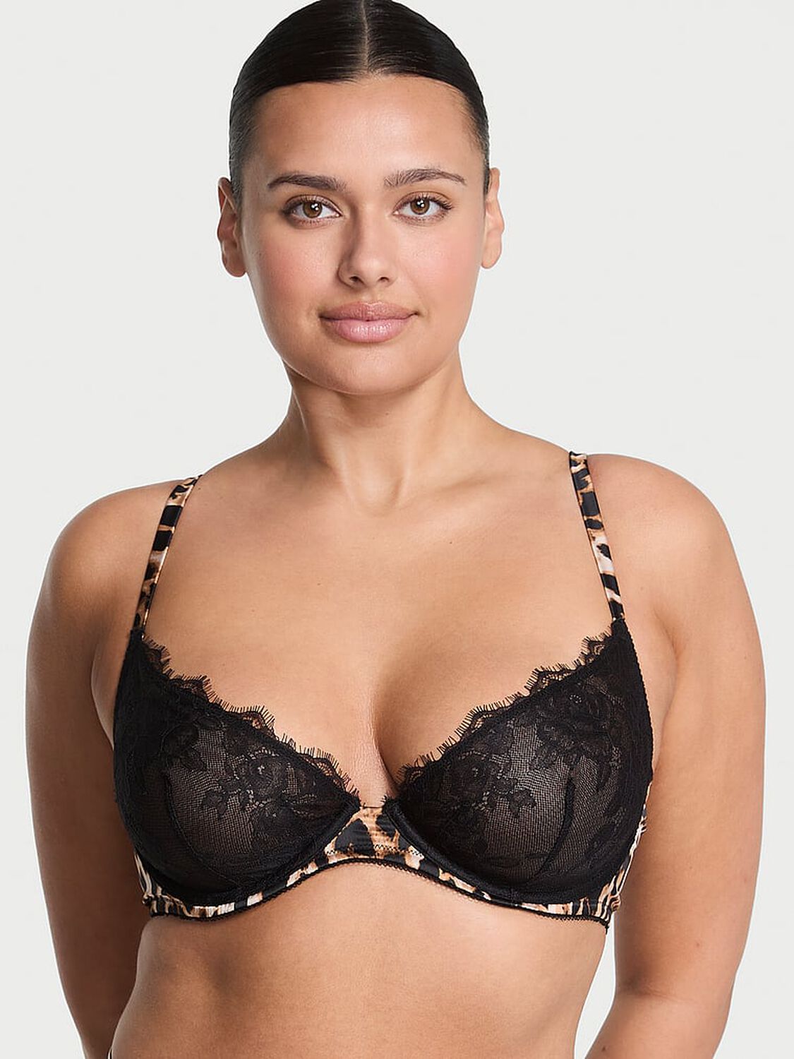 vs Very Sexy Rose Lace & Satin Unlined Plunge Demi Bra Leopard 3 of 3 