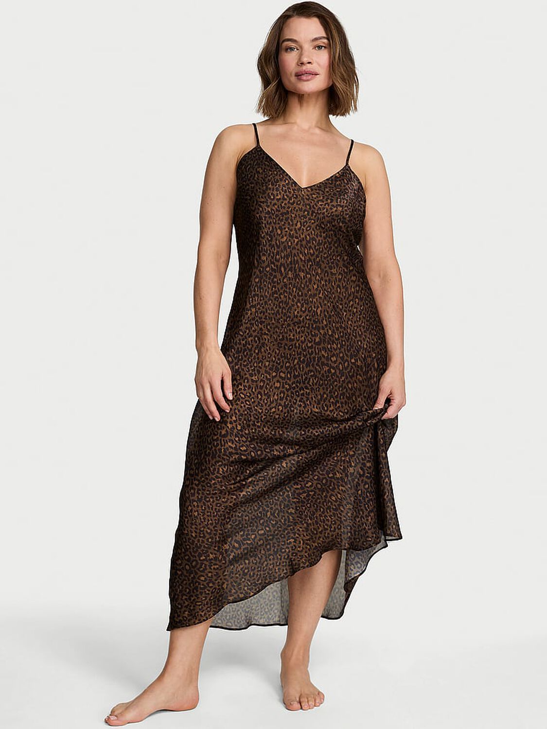 vs Victoria's Secret Luxe Sheer Satin Long Slip Dress Ganache Leopard 1 of 4 