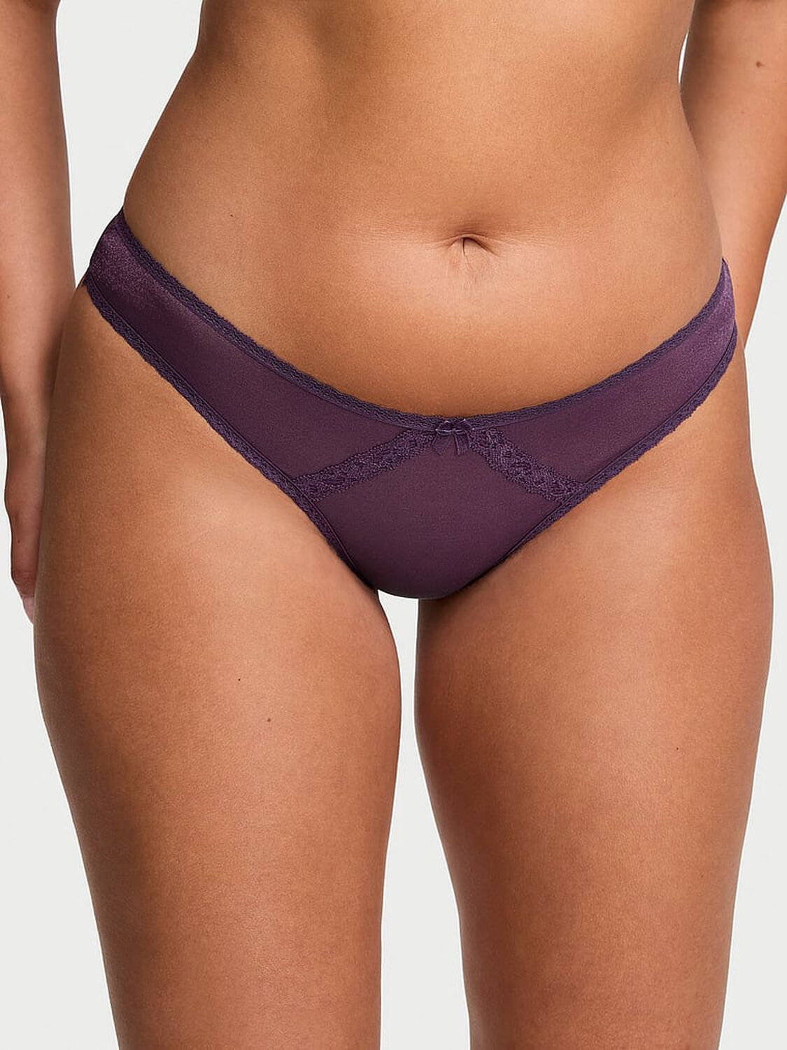 vs Dream Angels Sheer Shimmer Lace-Trim Thong Panty Shadow Purple 1 of 3 