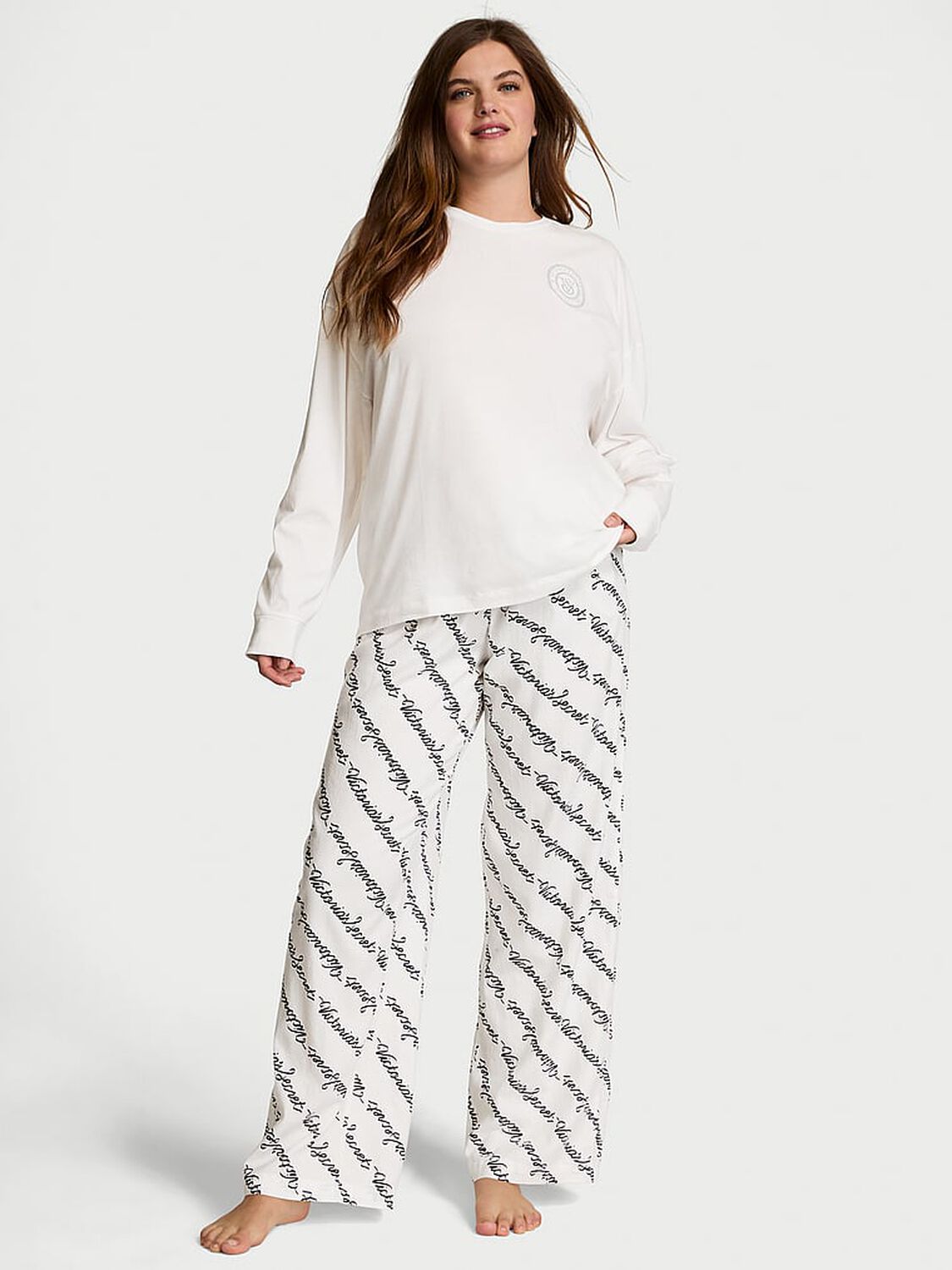 vs Victoria's Secret Flannel Long-Sleeve Tee-Jama Set White Ribbon Script 1 of 4 