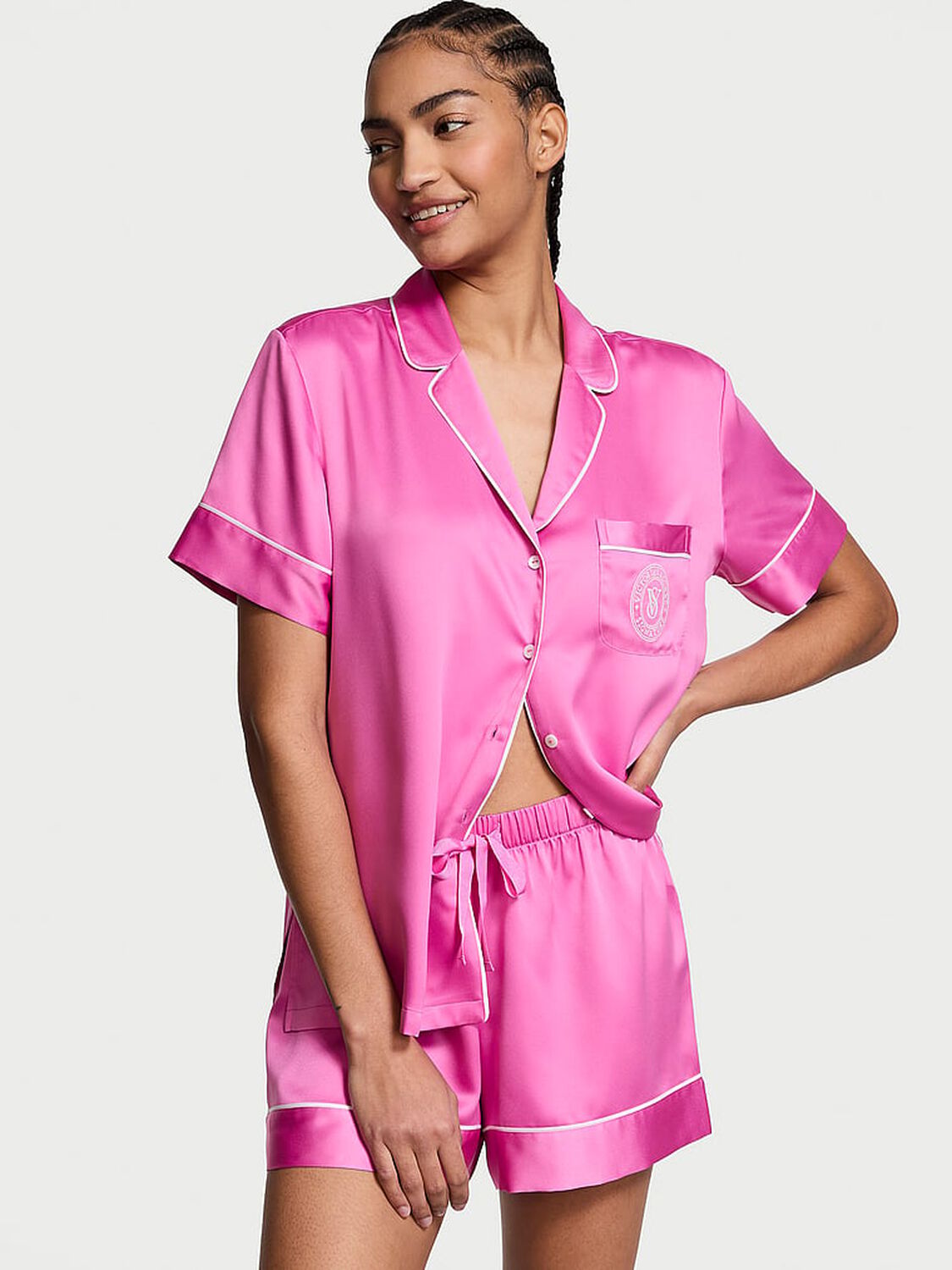 vs Victoria's Secret Glazed Satin Short Pajama Set New Peony 1 of 3 