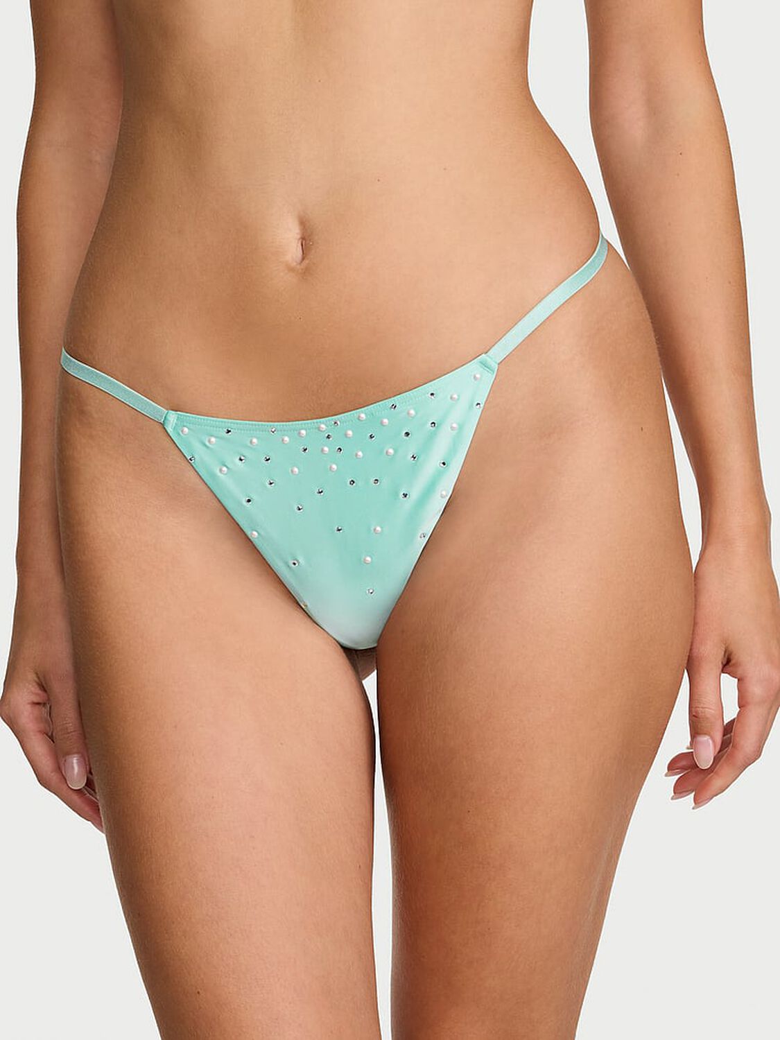 vs Dream Angels Satin Pearl-Embellished V-String Panty Canal Blue 1 of 3 