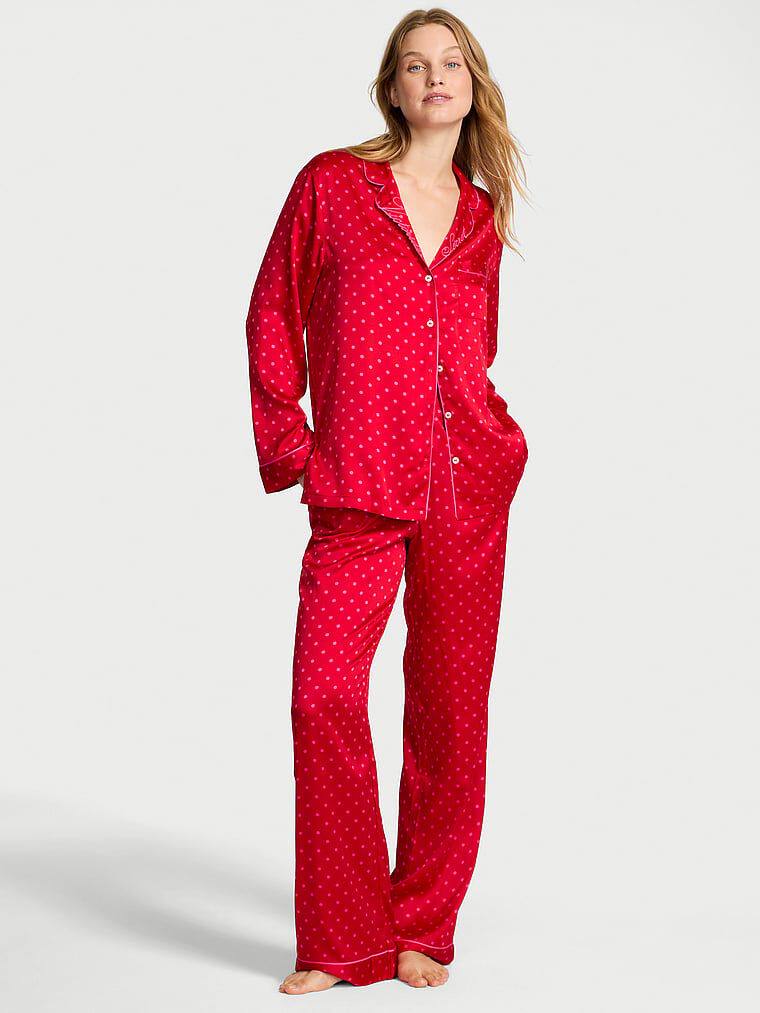 【新品】Victoria's Secret 赤ドット柄ルームウェア S Glazed Satin Long Pajama Set Lipstick Dot | Victoria's Secret