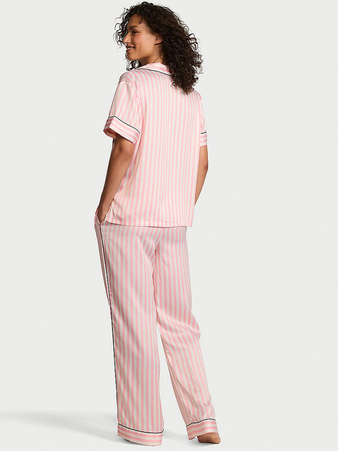 vs Victoria's Secret Glazed Satin Short-Sleeve Long Pajama Set New Pink Iconic Stripe 1 of 3 
