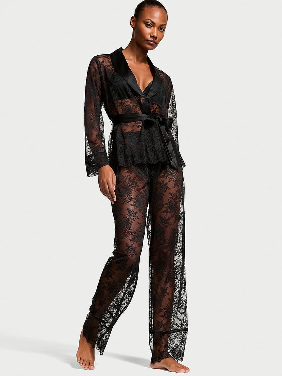 vs Victoria's Secret Rose Lace Long Pajama Set Black 1 of 3 