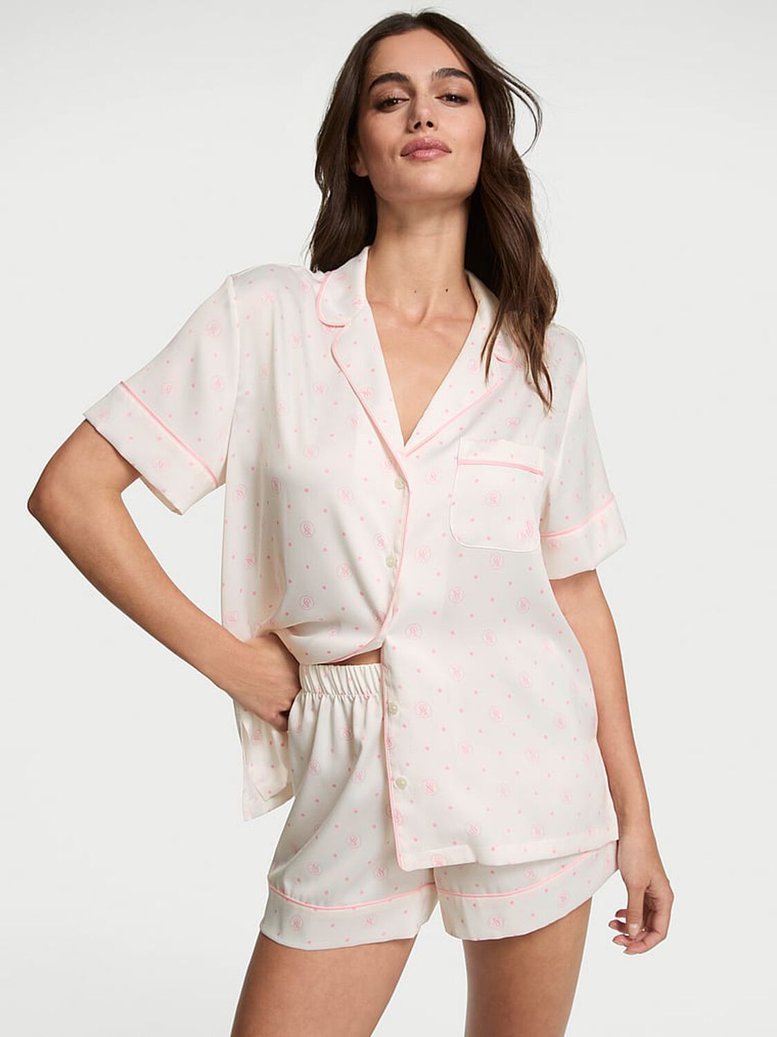 vs Victoria's Secret Glazed Satin Short Pajama Set White Logo Dot 3 of 3 