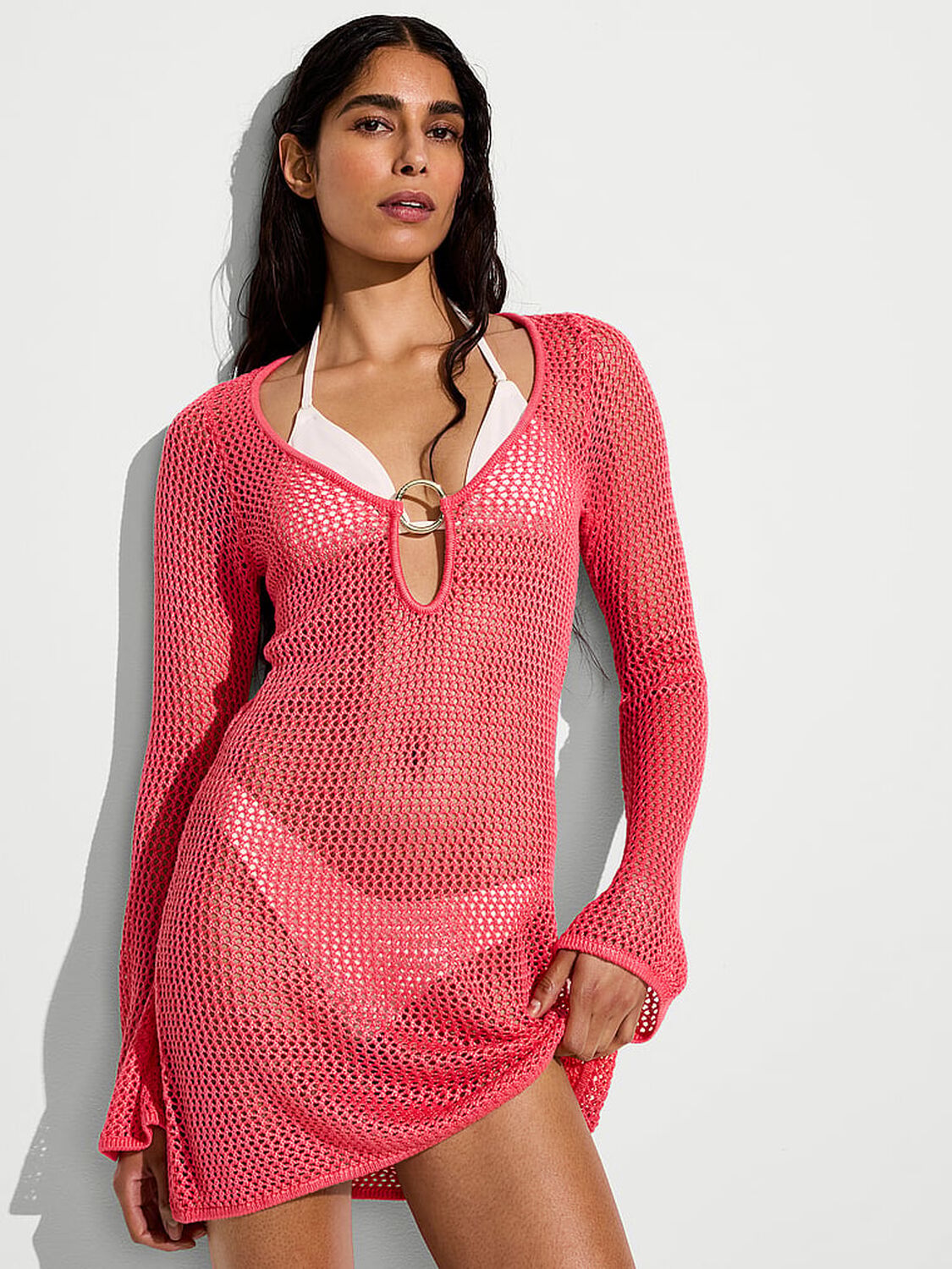 vs Victoria's Secret Swim Beachwear Crochet Long-Sleeve Mini Dress Poppy 1 of 2 