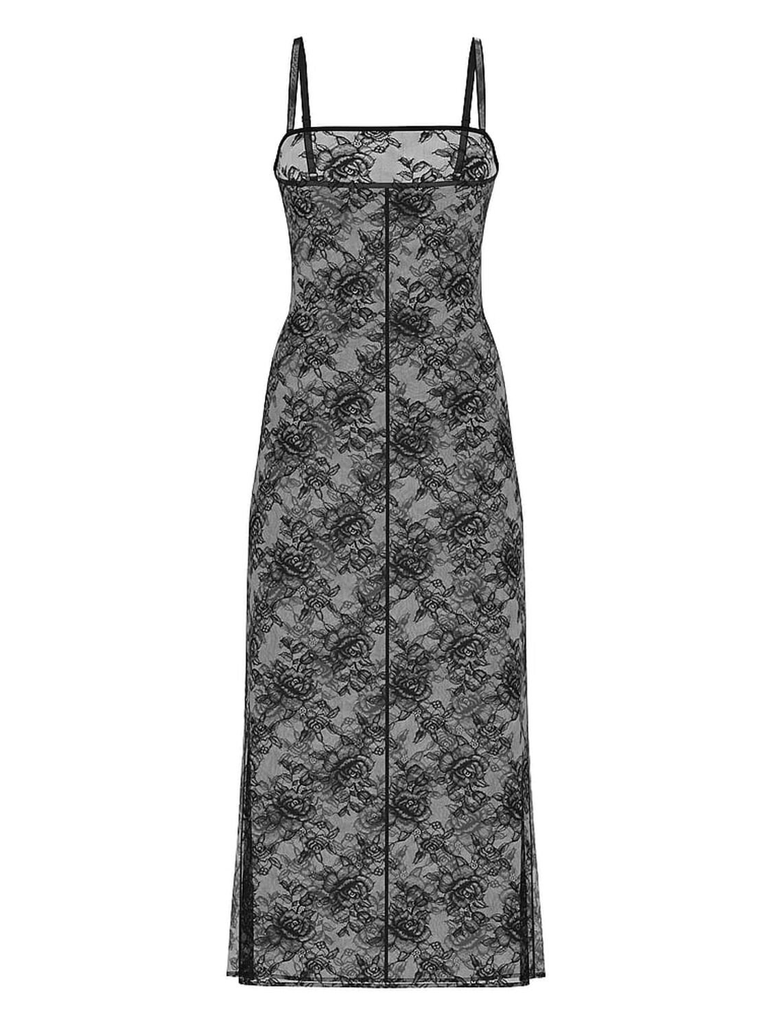 vs Victoria's Secret Rose Lace Shine Strap Long Slip Black 3 of 3 
