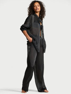 Luxe Sheer Satin Button-Front Long Pajama Set