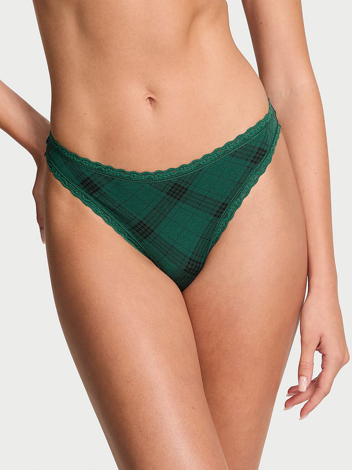 vs Lace Trim Cotton Lace-Waist Thong Clover Green Plaid 1 of 2 