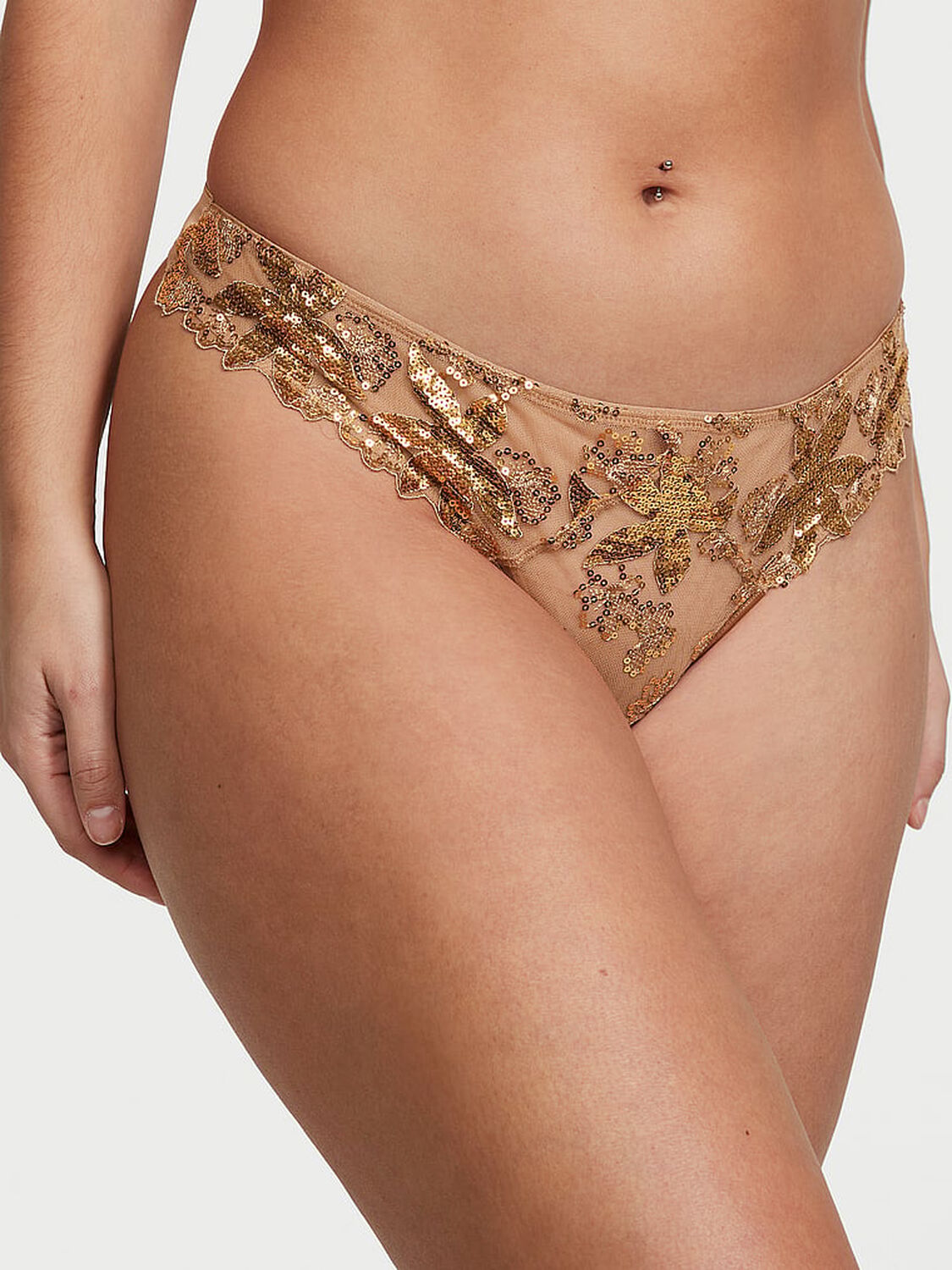 vs Very Sexy Gold Sequined Ziggy Glam Floral Embroidery Thong Panty 1 of 5 