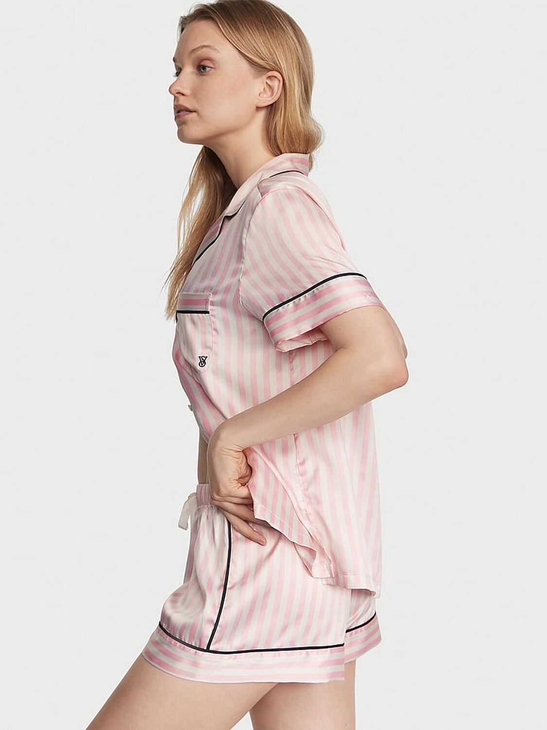 vs Victoria's Secret Satin Short Pajama Set Pink Iconic Strape 2 of 4 