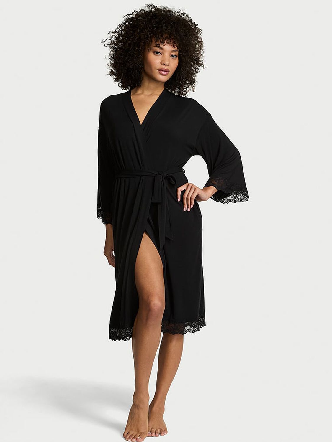 vs Victoria's Secret SoSoft&trade; Modal Lace-Trim Robe Black 1 of 2 