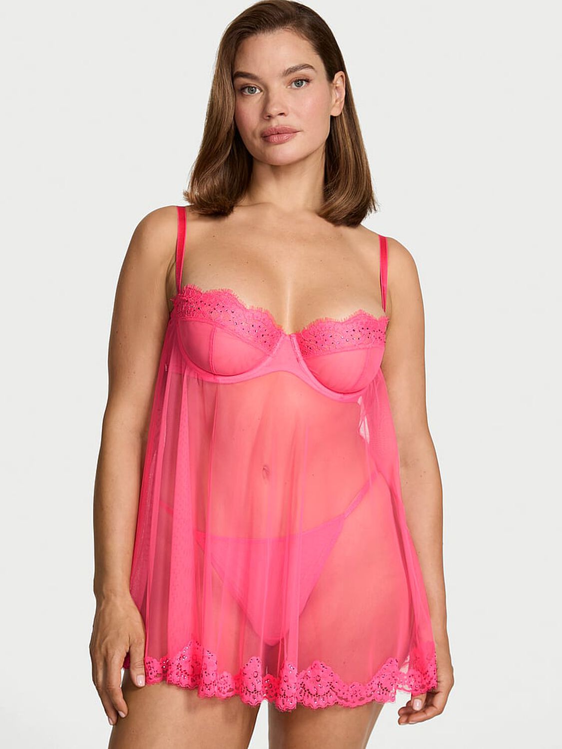 vs Dream Angels Twinkle Chiffon Balconette Babydoll Set Bombshell Pink 1 of 3 