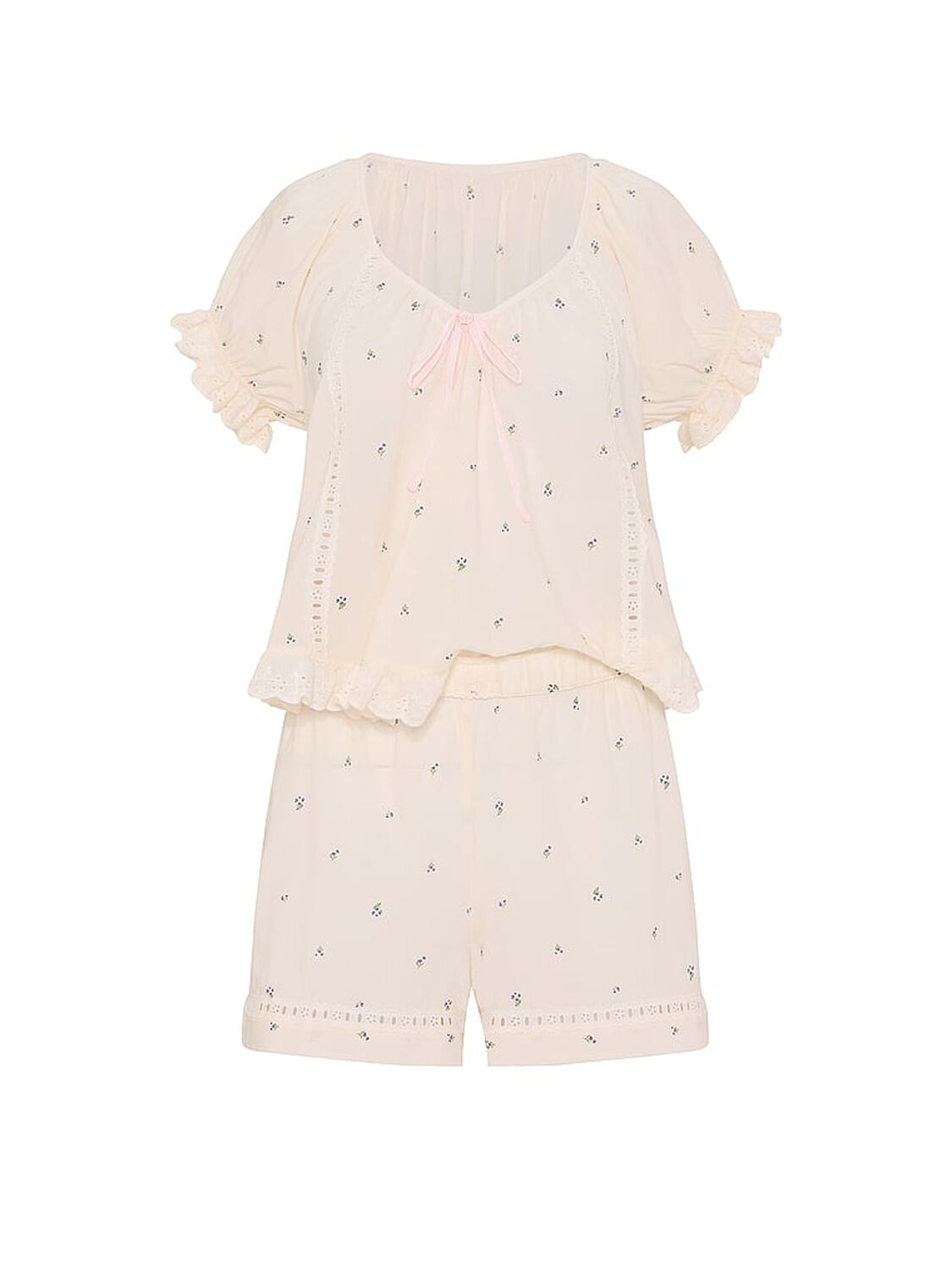 vs Victoria's Secret Cotton Dream Puff-Sleeve Short Pajama Set Coconut White Floral 3 of 3 