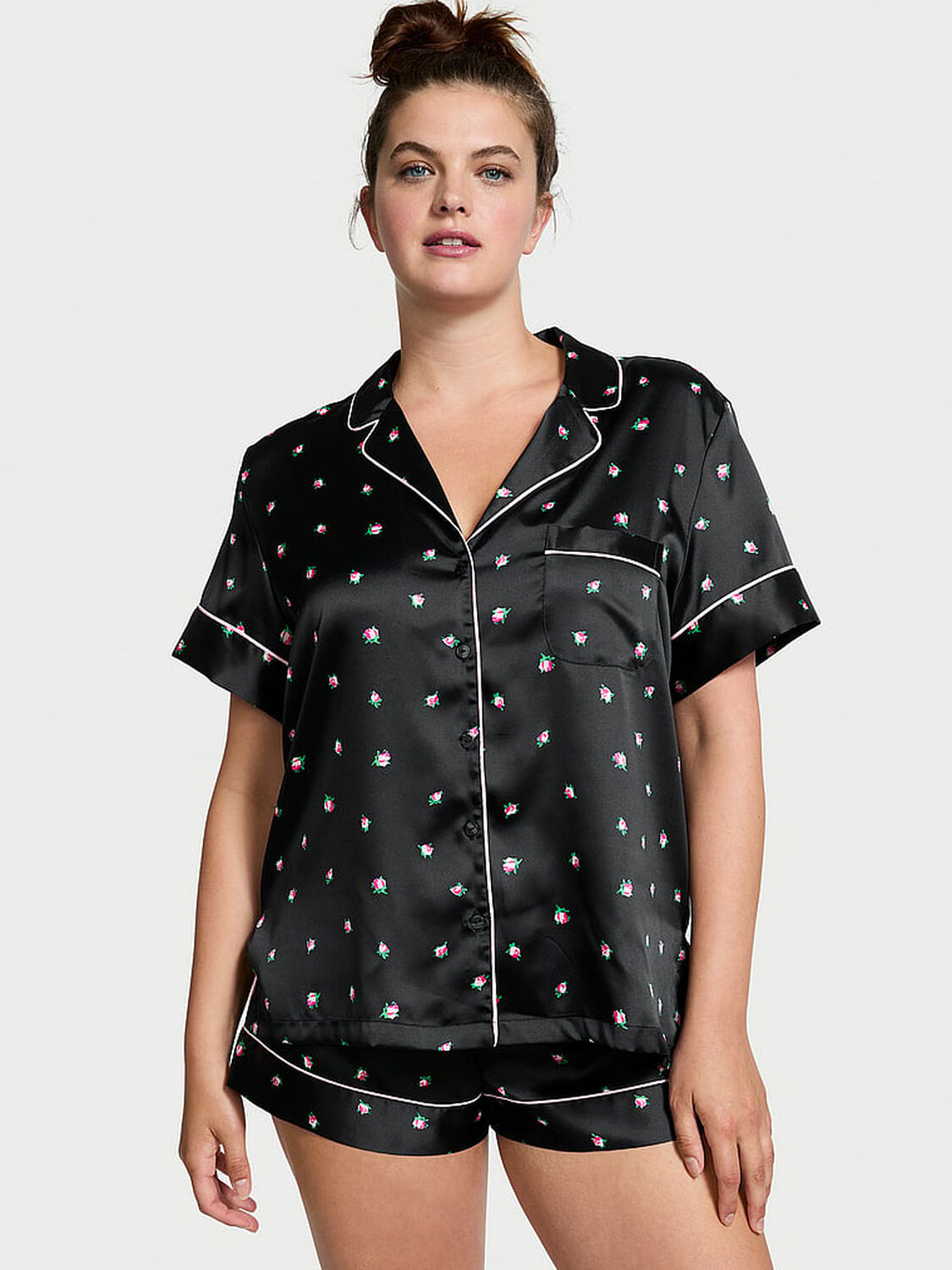 vs Victoria's Secret Satin Short Pajama Set Black Rosebuds 1 of 4 