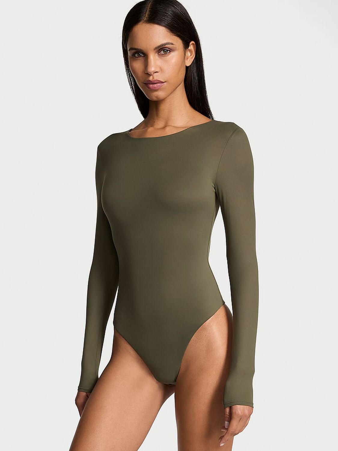 vs Victoria's Secret Bodywear by Victoria with FeatherSoft Innovation Long-Sleeve Bodysuit Casual Olive 3 of 3 
