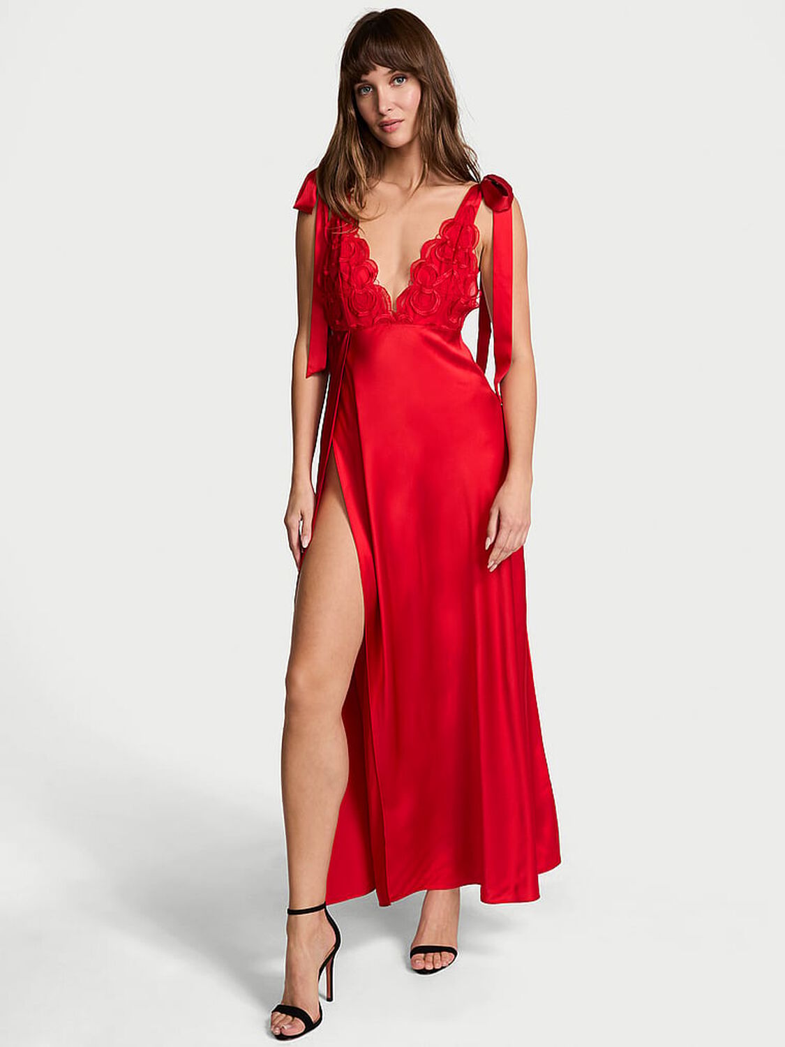 vs Victoria's Secret Tied-with-a-Bow Embroidery Plunge Satin High-Leg Gown Bright Vermillion 1 of 3 