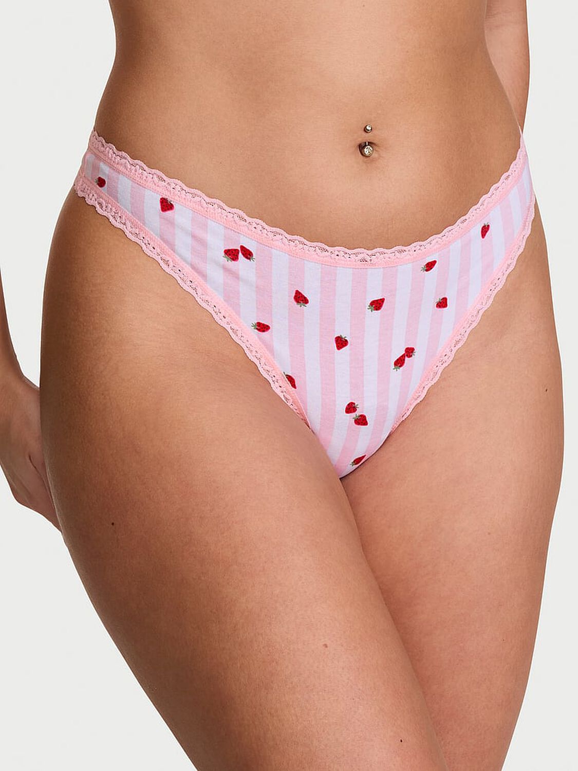 vs Lace Trim Cotton Lace-Waist Thong Pretty Blossom Strawberry Stripe 1 of 2 