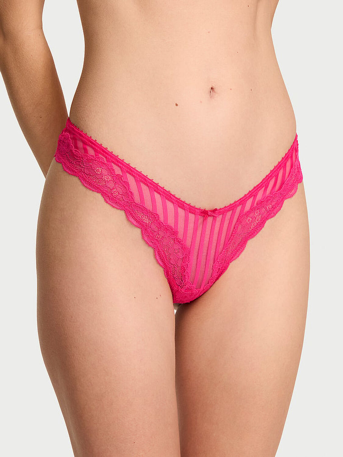 vs Victoria's Secret Tease Sheer Stripe High-Leg Thong Panty Enchanted Pink 1 of 4 