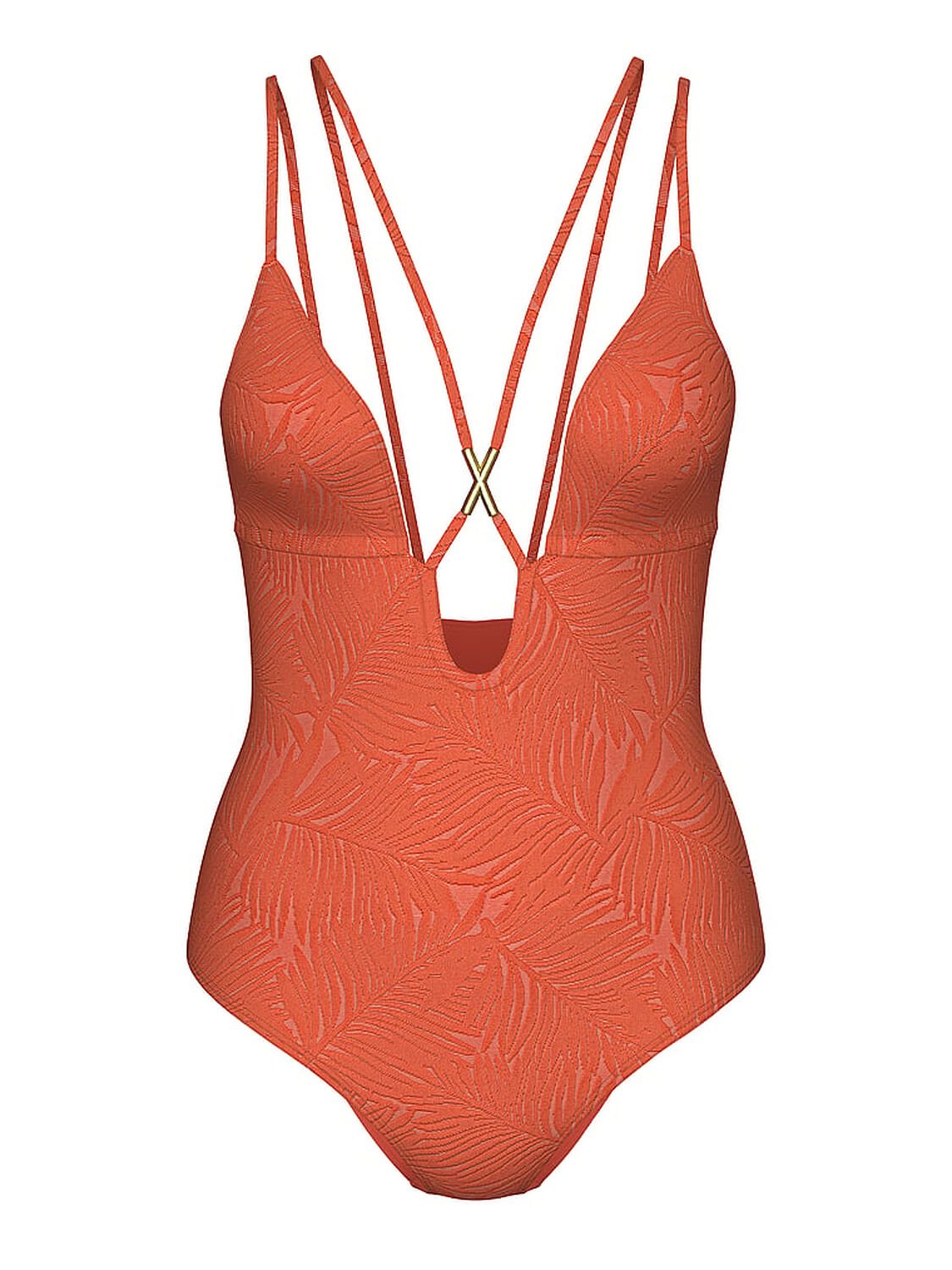 vs Victoria's Secret Swim Archives Sexy Straps Plunge One-Piece Swimsuit Burnt Orange Leaves 3 of 3 