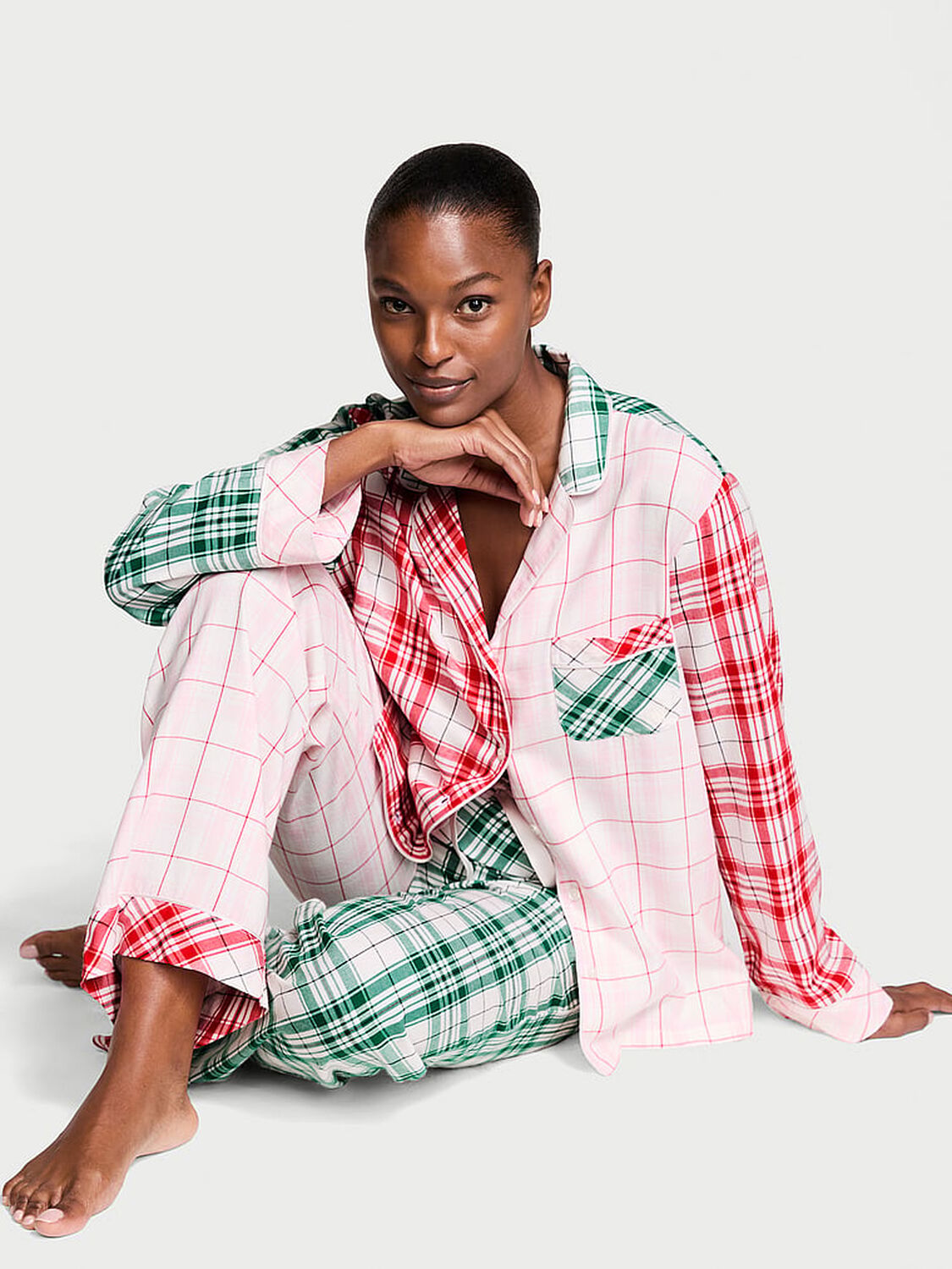 vs Victoria's Secret Flannel Long Pajama Set Mix Plaid 1 of 4 