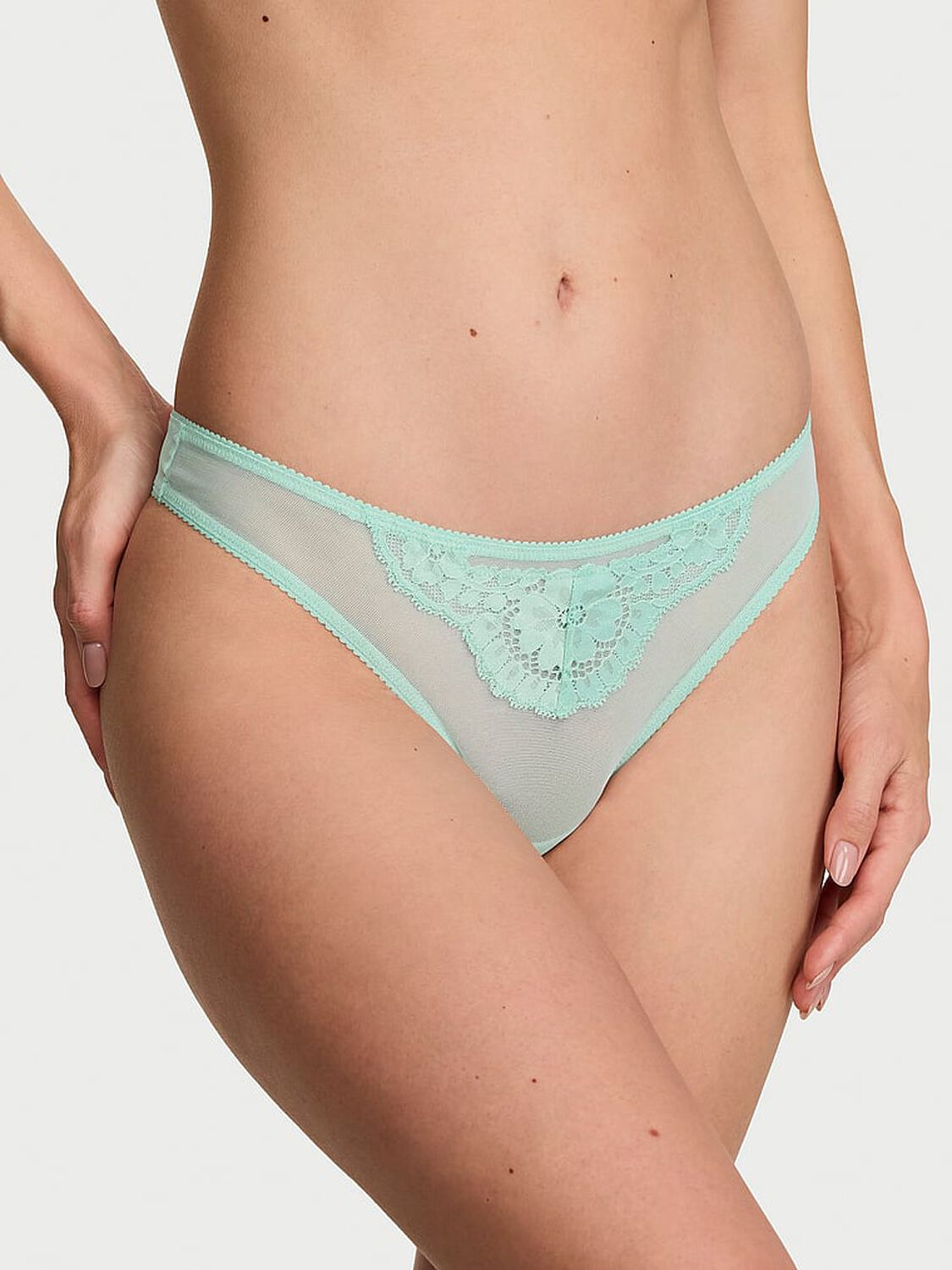 vs Dream Angels Mesh Lace-Trim Twinkle Bow Thong Panty Canal Blue 1 of 3 