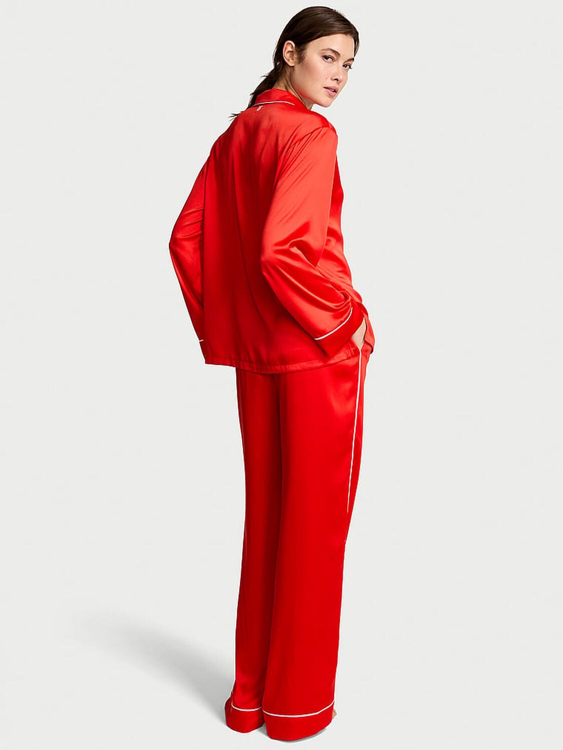 vs Victoria's Secret Glazed Satin Heart Long Pajama Set Bright Vermillion W Heart Pocket 2 of 2 
