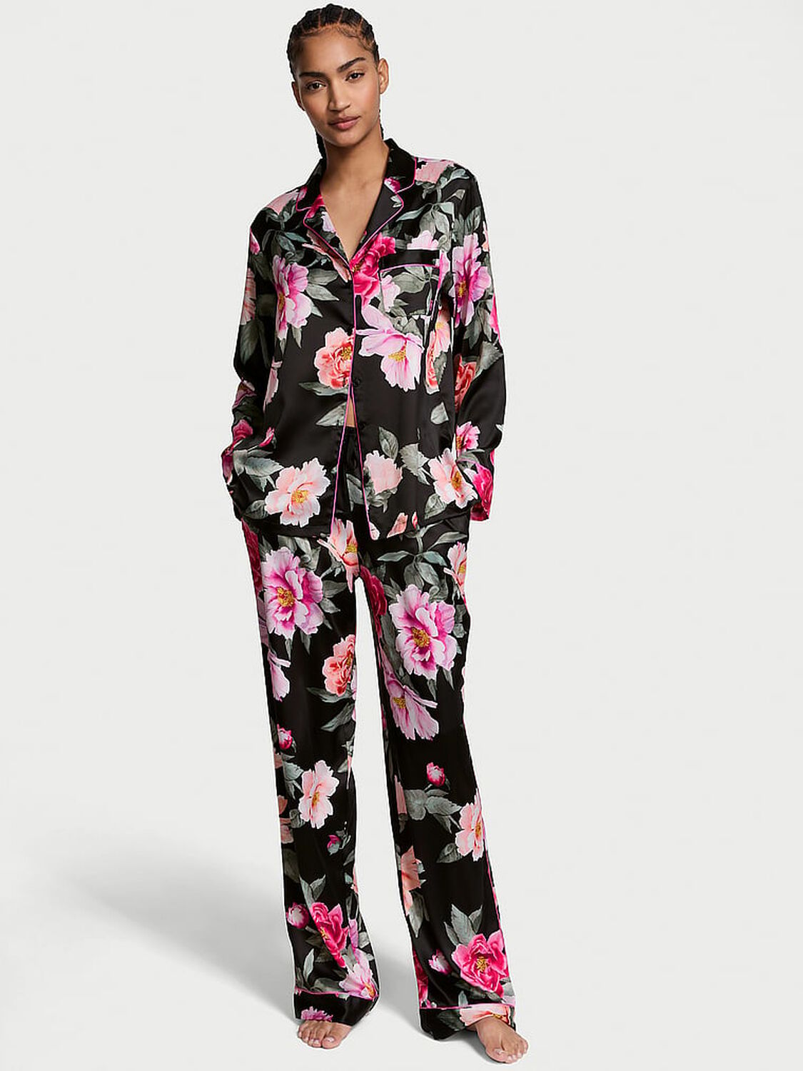 vs Victoria's Secret Glazed Satin Long Pajama Set Black Floral Bouquet 1 of 3 