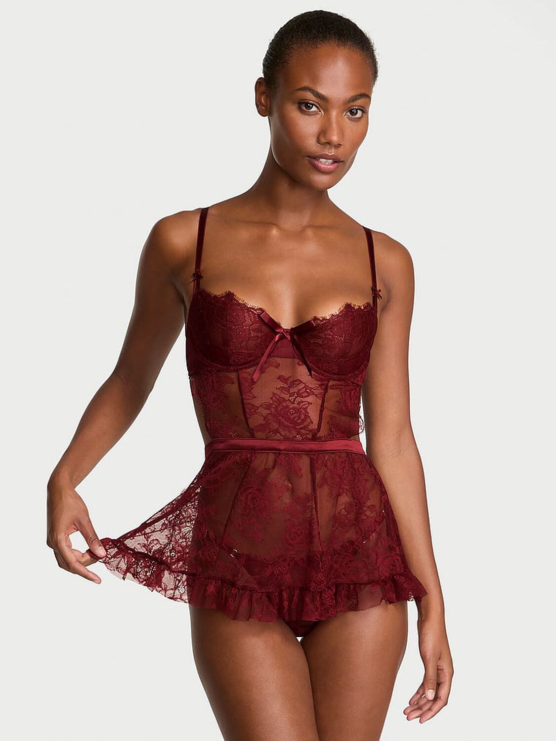 vs Very Sexy Wicked Unlined Rose Lace Apron Set Sangria Red 1 of 3 