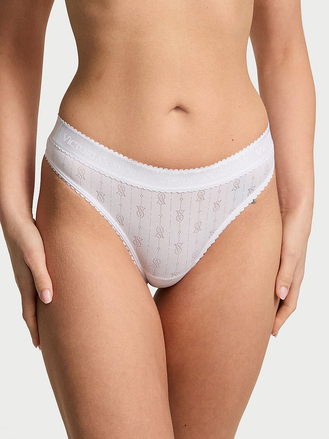 vs Cotton Logo Pointelle Thong Panty Vs White 1 of 3 