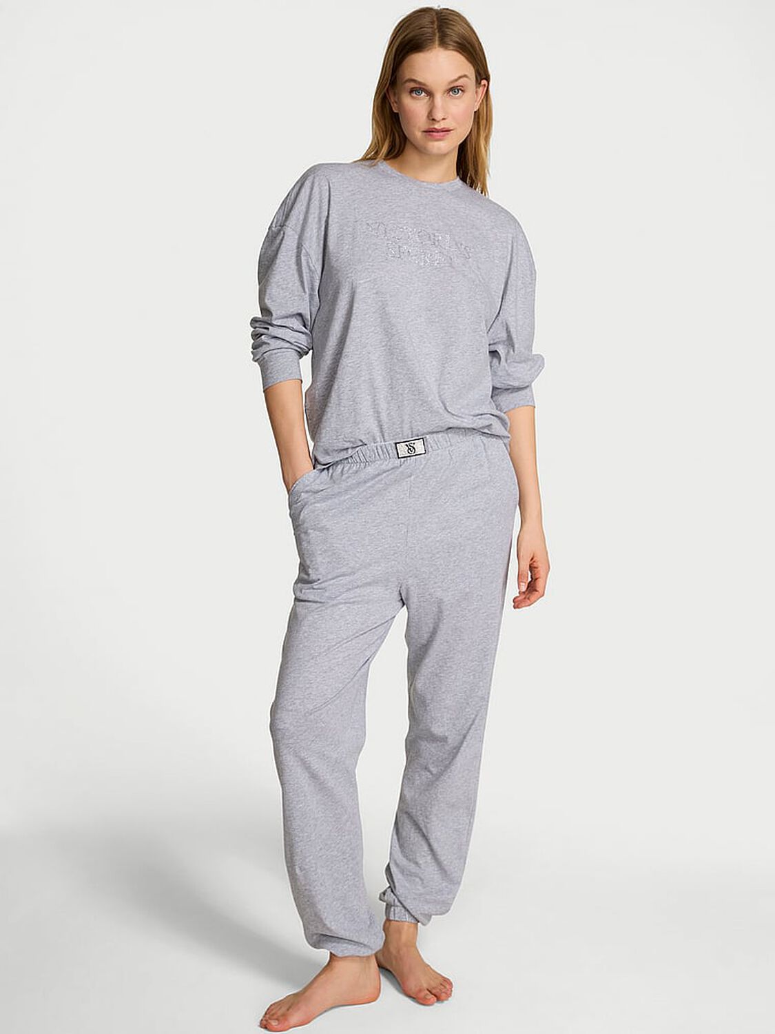 vs Victoria's Secret 100% Cotton Shine Long Pajama Set Medium Heather Grey 1 of 2 