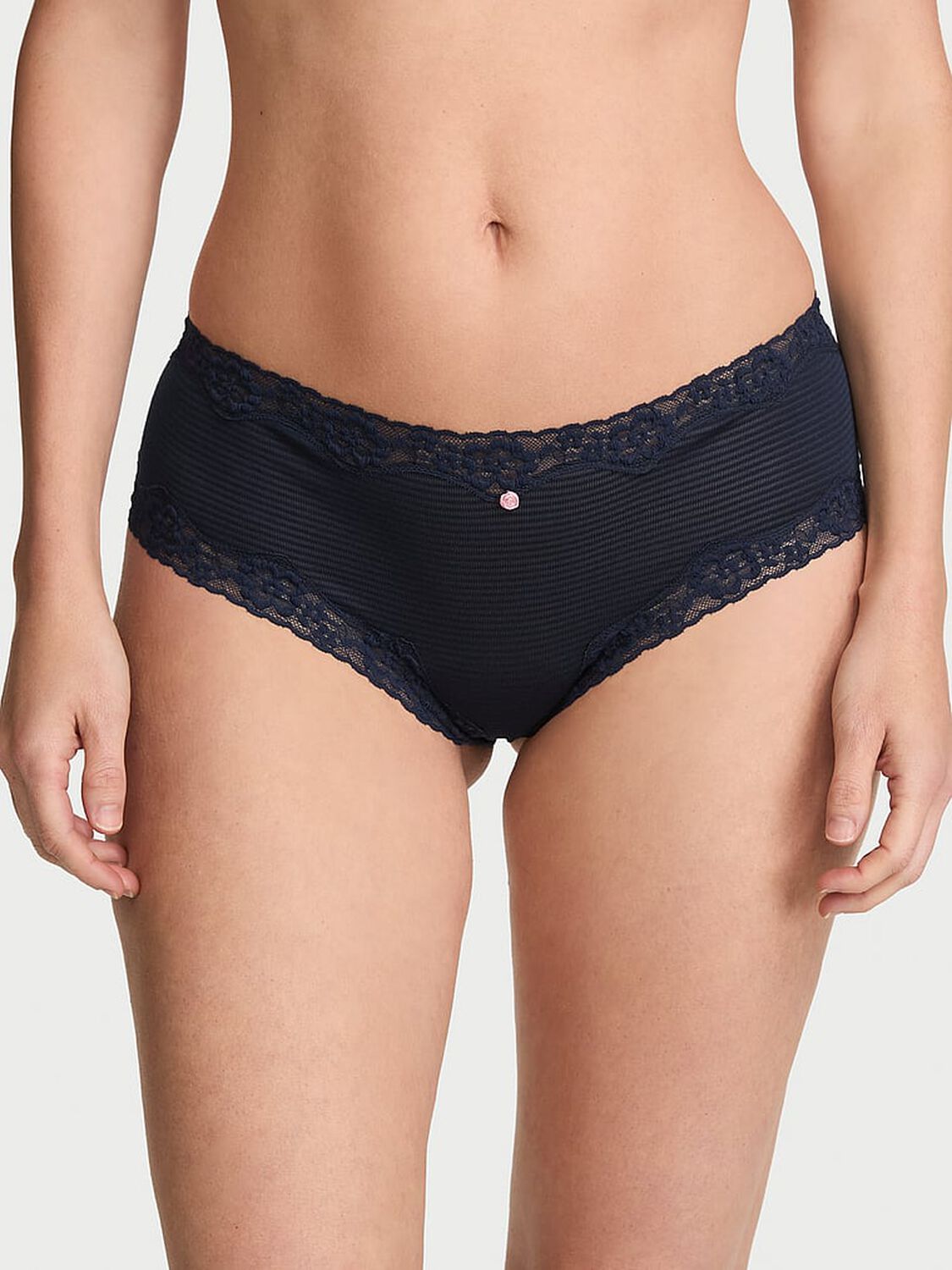 vs Lace Trim Cotton Shadow Stripe Lace-Waist Cheeky Panty Noir Navy 1 of 2 