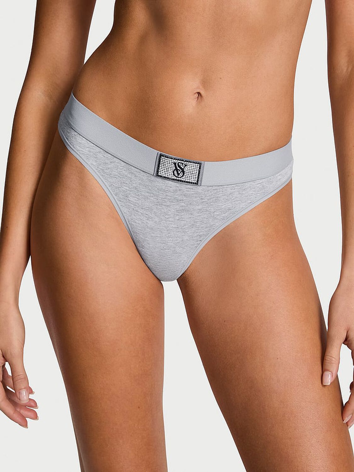 vs Cotton Logo Cotton Shine Patch Thong Panty Medium Heather Grey 2 of 2 
