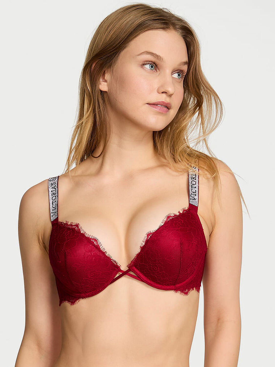 vs Very Sexy Bombshell Add-2-Cups Shine Strap Rose Lace Push-Up Bra Red Lacquer 1 of 2 