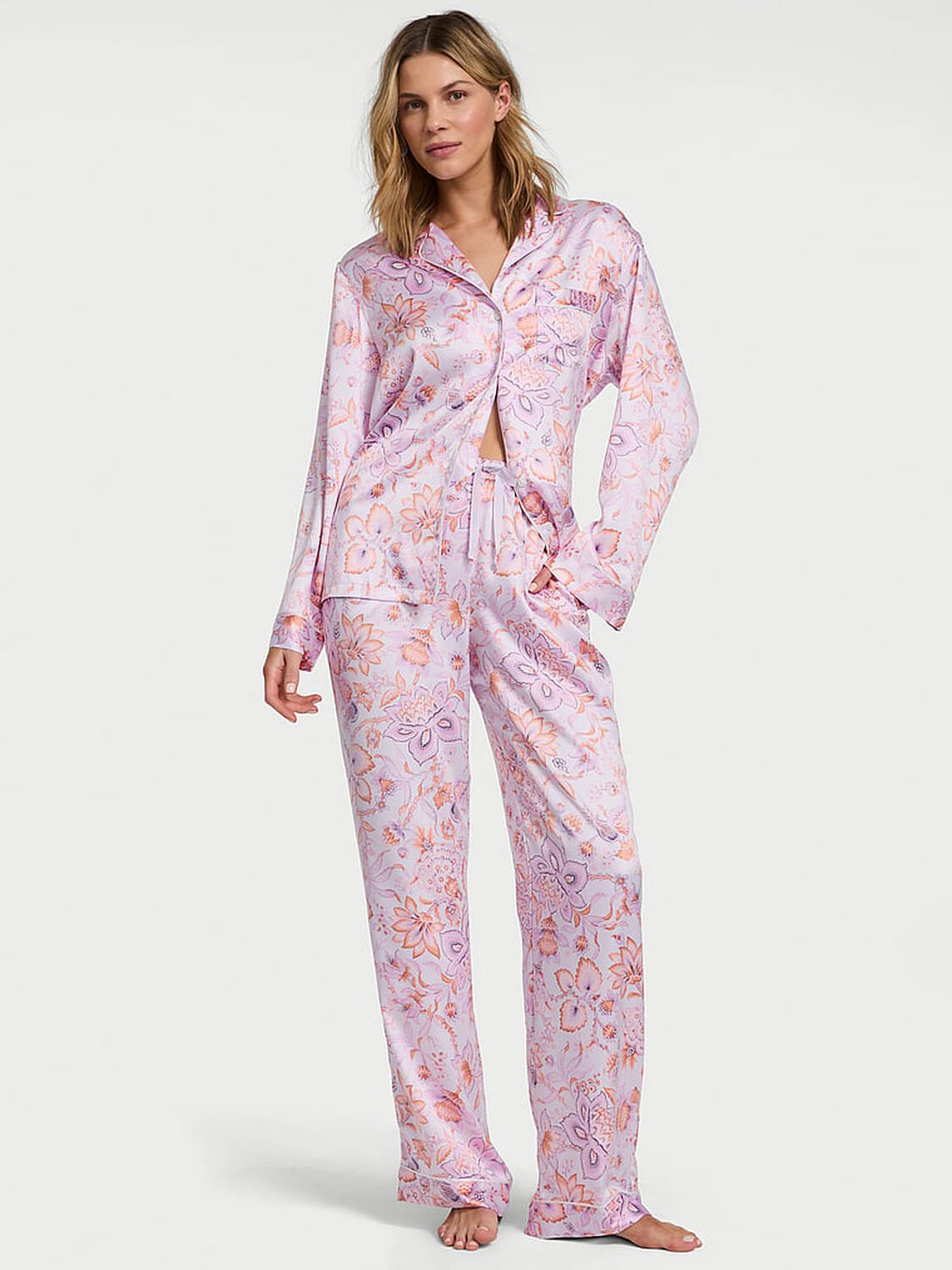 vs Victoria's Secret Glazed Satin Long Pajama Set Delicate Violet Floral 4 of 4 