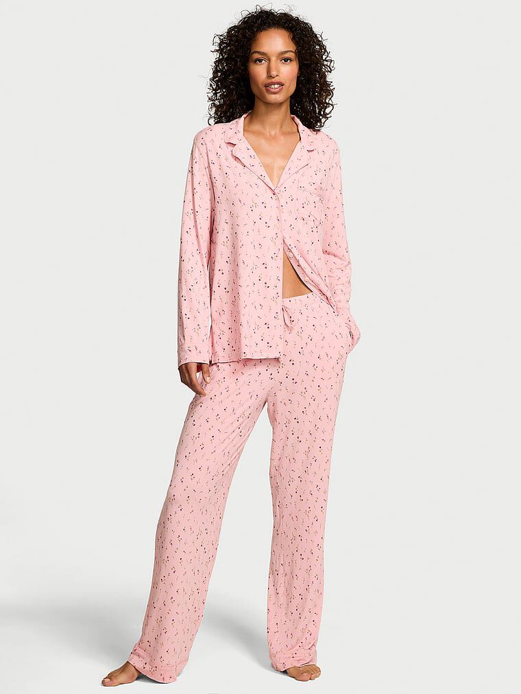 Modal Soft Long Pajama Set Pink Lily/Angel Pink Ditsy Floral